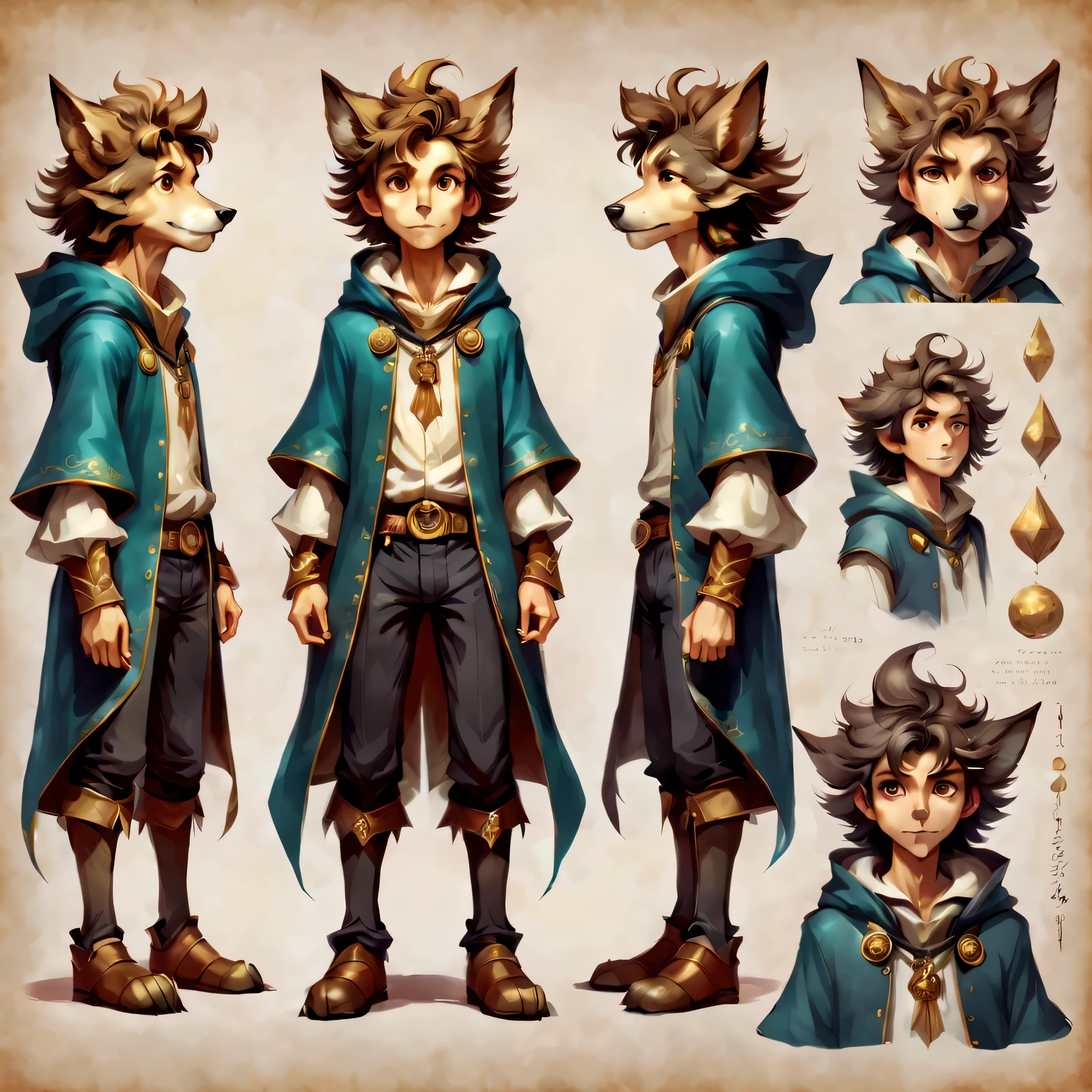 オリジナルキャラクターのdesign sheetを作成します,anime main character,boy,wizard,natural perm,my partner is a wolf,((design sheet,Orderly columns,3 views,whole body, background,multiple views,High resolution)),be familiar with,multiple views,Active,action pose,dynamic,nice,cute,masterpiece,highest quality,In detail,gracefully,sketch,sketch,ラフsketch,propose,explanation,under consideration,