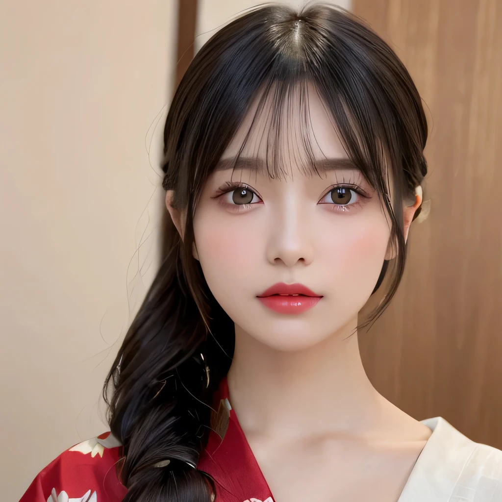 (table top:1.3), (8k, realistic, RAW photo, highest quality: 1.4), Japanese, (Women of the Edo period), Japanese clothing from the Edo period、expensive kimono、brightly colored kimono、Edo period hair、Japanese hair、大きなhairpin、綺麗なhairpin、kimono hairstyle、short ponytail、parted bangs、beautiful face, (realistic face), (black hair), beautiful nape, realistic eyes, fine and beautiful eyes, (realistic skin), beautiful skin, charm, 超A high resolution, 超realistic, very detailed, golden ratio,, beautiful clavicle, pure white makeup、bright red lipstick、In a Japanese room、、hairpin、hairpin、