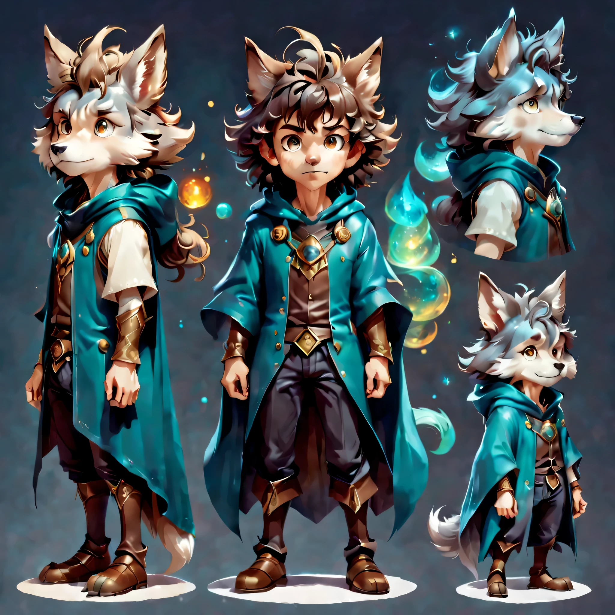 オリジナルキャラクターのdesign sheetを作成します,anime main character,boy,wizard,natural perm,my partner is a wolf,((design sheet,Orderly columns,3 views,whole body, background,multiple views,High resolution)),be familiar with,multiple views,Active,action pose,dynamic,nice,cute,masterpiece,highest quality,In detail,gracefully,sketch,sketch,ラフsketch,propose,explanation,under consideration,