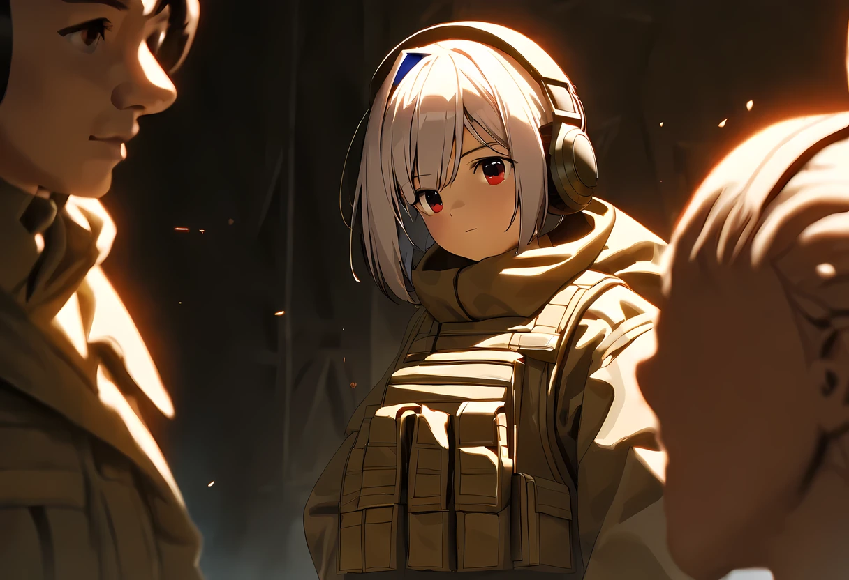 Ganado/(Holographic live broadcast/), masterpiece, Maiden on the battlefield, light color short hair, red eyes, Russian military uniform, looking at the audience, 8k, best quality, Super detailed, 8K Ultra HD, soft light, high quality, film grain, beautiful lights, cinematic, Perfect body, best lighting, best shade, clear, contrast, red glasses, messy hair, Tactical Vest, Gloves, earphone, Facial detail is ridiculously high.