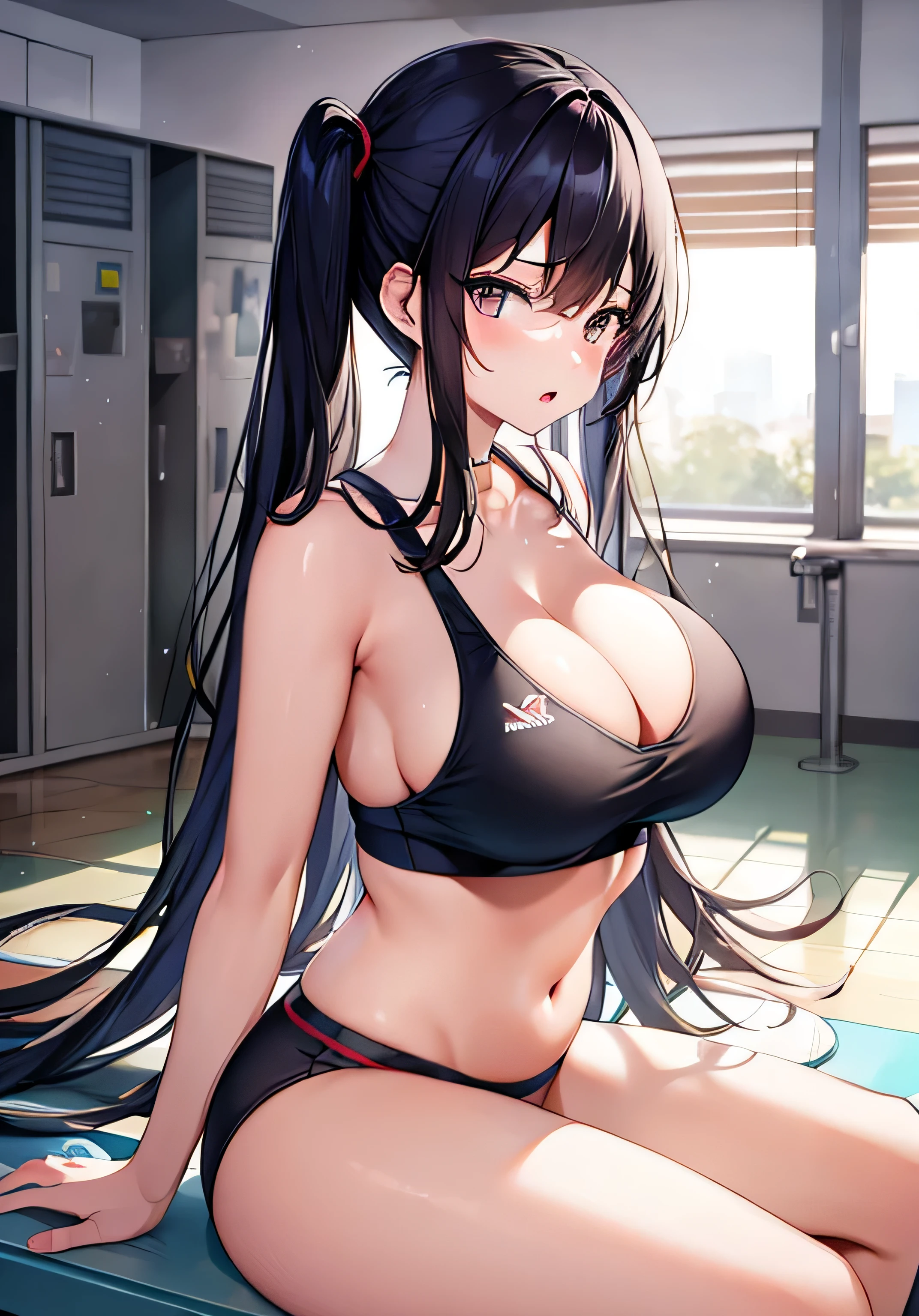 masterpiece、best image quality、ultra high resolution、age girl with big breasts、twin tail hairstyle、black hair、red face、shyly、mock、Open your mouth just a little、Sports bras for teengirls that show cleavage、Well-shaped belly button、well-shaped legs、sports briefs for teenage s、Sitting on a bench in the locker room、Inside the locker room