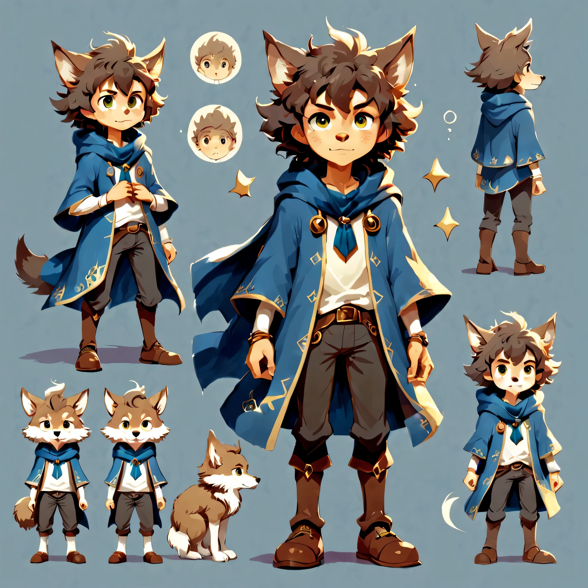 オリジナルキャラクターのdesign sheetを作成します,anime main character,boy,wizard,natural perm,my partner is a wolf,((design sheet,Orderly columns,3 views,whole body, background,multiple views,High resolution)),be familiar with,multiple views,Active,action pose,dynamic,nice,cute,masterpiece,highest quality,In detail,gracefully,sketch,sketch,ラフsketch,propose,explanation,under consideration,Show magic items