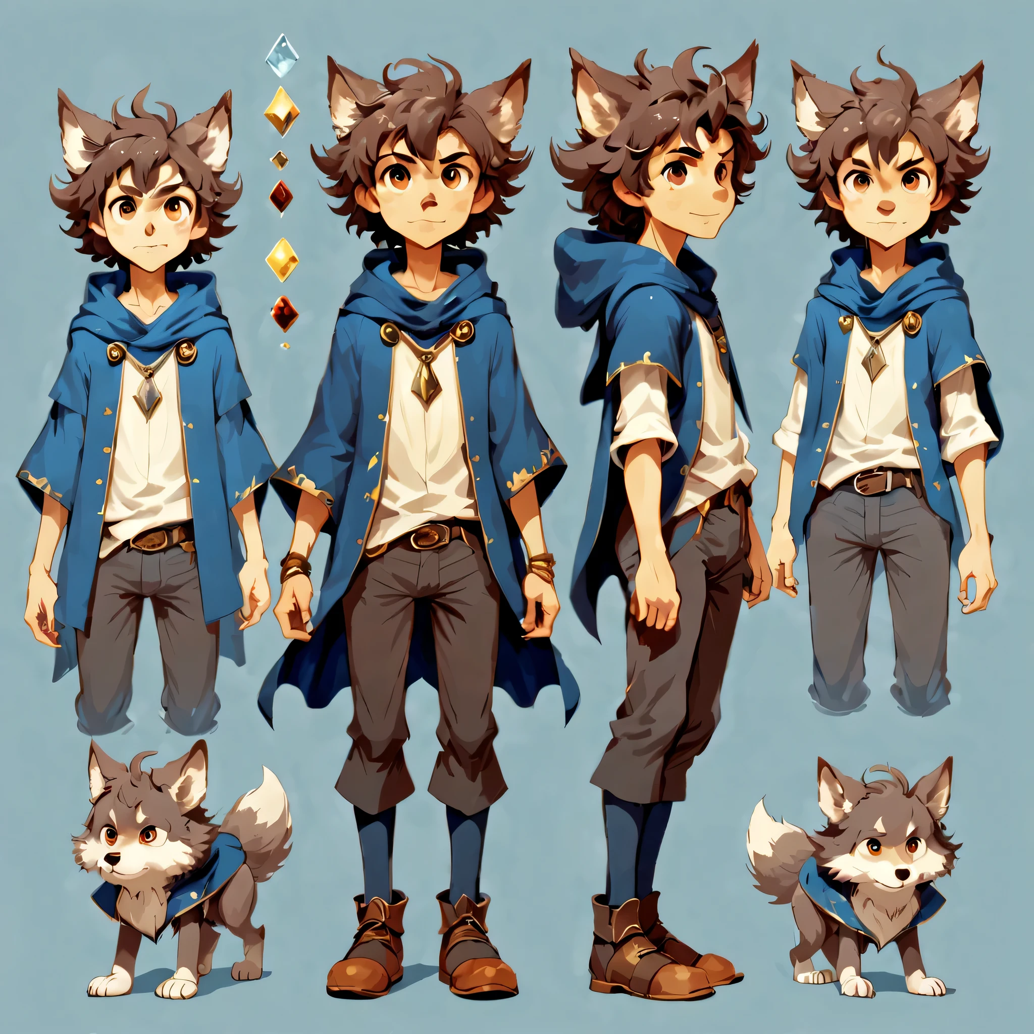 オリジナルキャラクターのdesign sheetを作成します,anime main character,boy,wizard,natural perm,my partner is a wolf,((design sheet,Orderly columns,3 views,whole body, background,multiple views,High resolution)),be familiar with,multiple views,Active,action pose,dynamic,nice,cute,masterpiece,highest quality,In detail,gracefully,sketch,sketch,ラフsketch,propose,explanation,under consideration,Show magic items