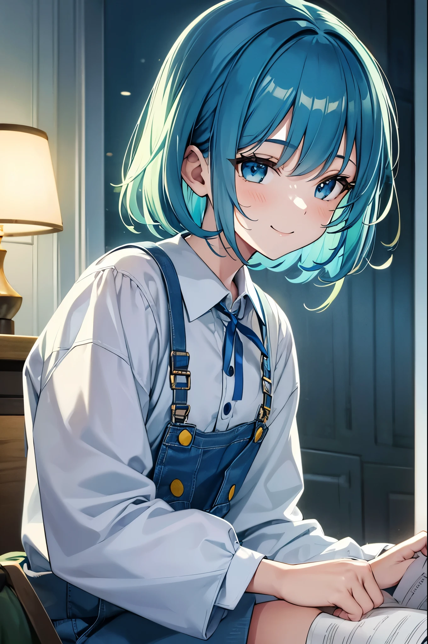 In the blue darkness。Reading a book with a smile、Girl with short yellow-green hair。yellow green overalls、white short sleeve puff sleeve collar shirt、highest quality、one person