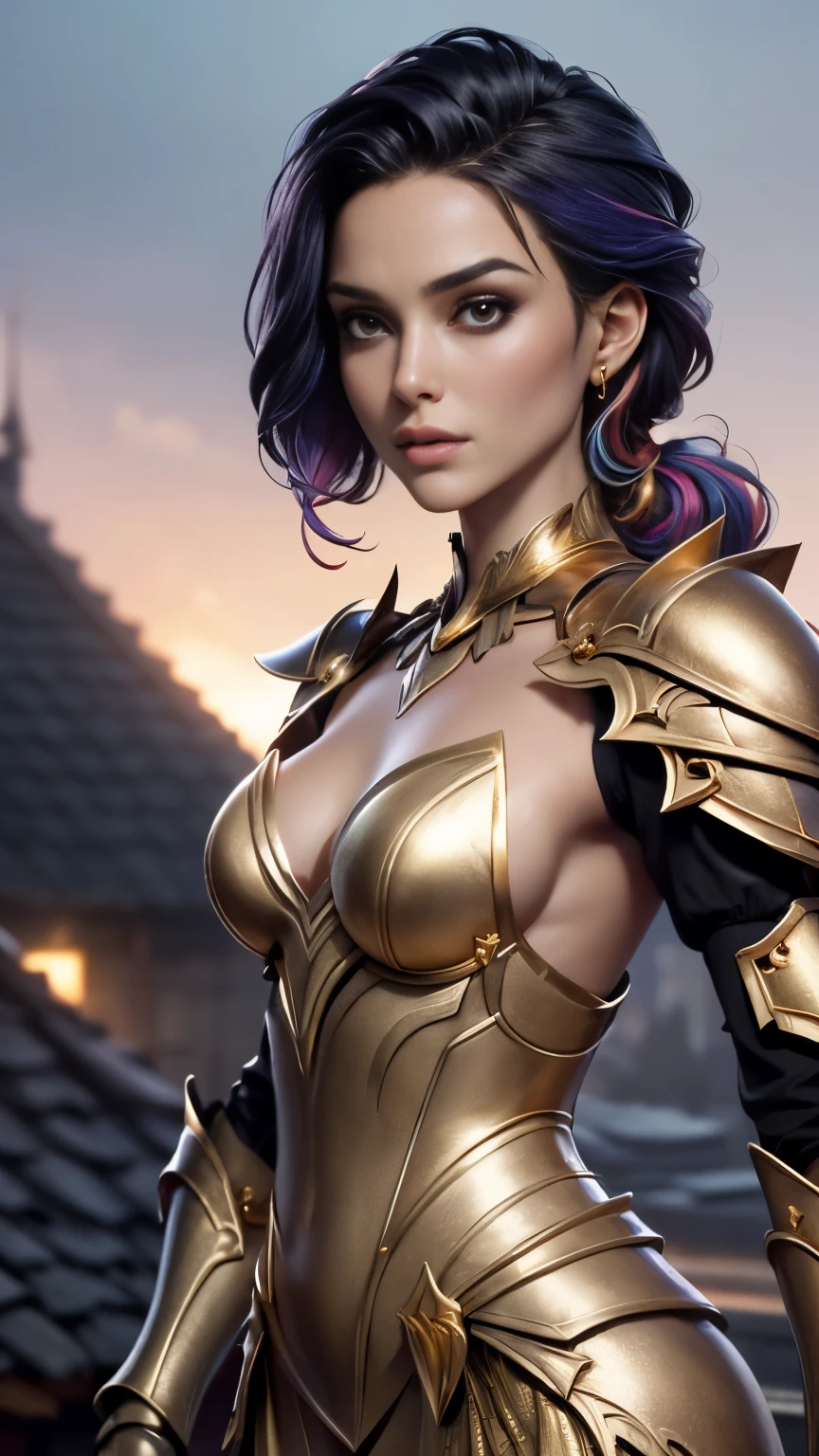 photo of celebrity, RAW, beautiful woman, ((portrait)), ((detailed face, colorful rainbow hair:1.2)), ((detailed facial feature, detailed skin, clear skin, parted lips), (perfect proportioned body, medium breasts, side boob), (wearing wearing an elegant gold armor, full dress armor: 1.5)), (high detailed castle rooftop: 1.3), (side profile, realistic photo, best quality, detailed), (8k wallpaper), (cinematic lighting, dramatic lighting) (sharp focus, intricate)