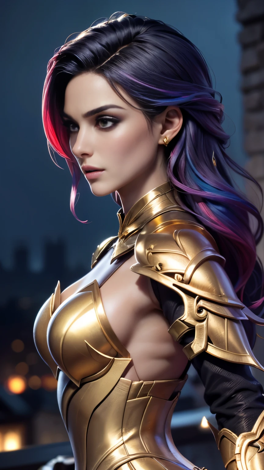 photo of celebrity, RAW, beautiful woman, ((portrait)), ((detailed face, colorful rainbow hair:1.2)), ((detailed facial feature, detailed skin, clear skin, parted lips), (perfect proportioned body, medium breasts, side boob), (wearing wearing an elegant gold armor, full dress armor: 1.5)), (high detailed castle rooftop: 1.3), (side profile, realistic photo, best quality, detailed), (8k wallpaper), (cinematic lighting, dramatic lighting) (sharp focus, intricate)