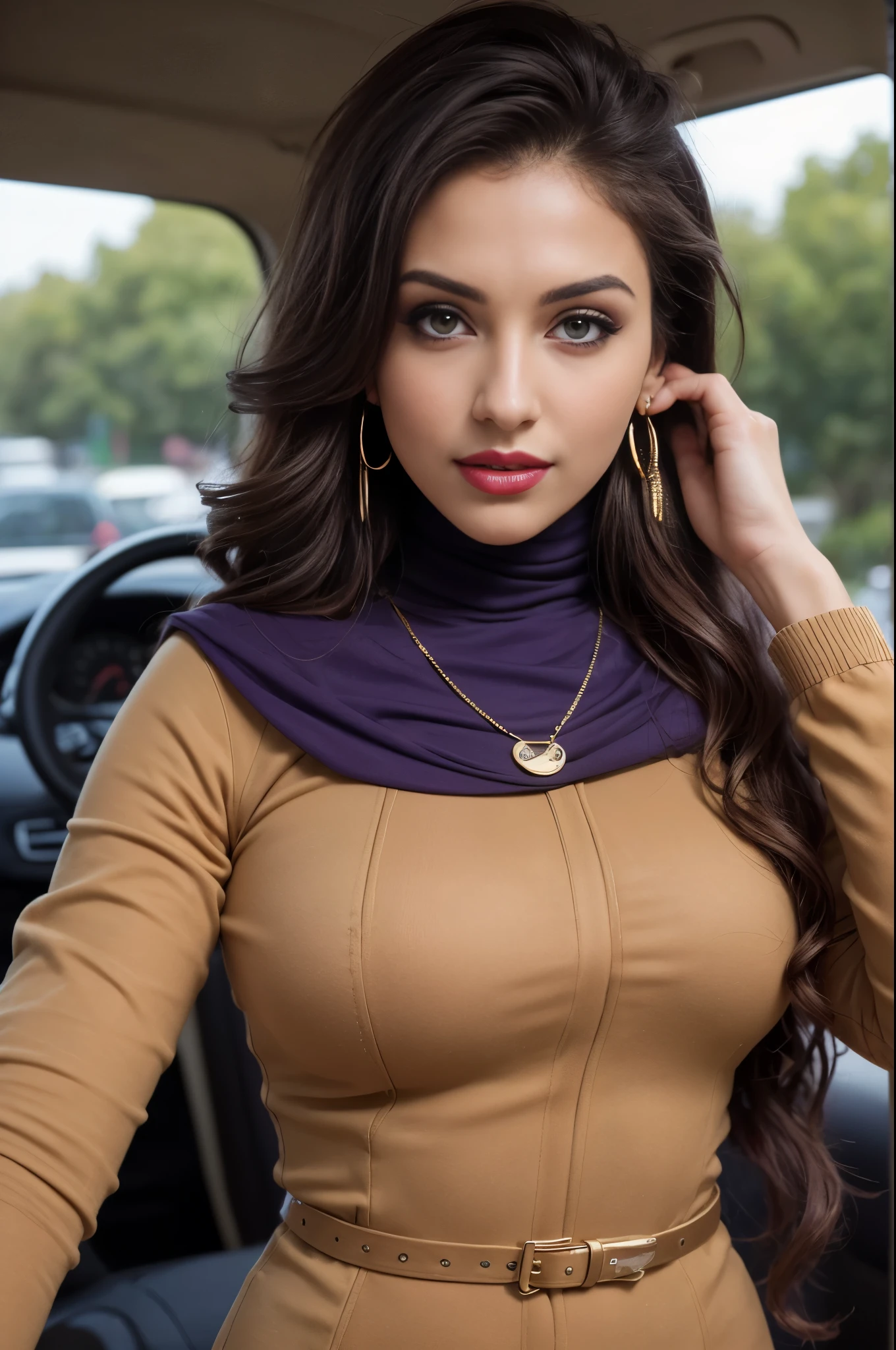 Caucasian woman, green eyes, lined eyes, blonde hair, hair with brown roots, wavy hair, long hair, hair with a ponytail, red painted mouth, smile, gold earrings, gold necklace, athletic body, (top texture), earrings, in car, focus on face, selfie pose, frontal shot.a beutiful woman is playing around the beach, wearing blue hijab, long-sleeves shirt, long pants, full bodylucy pinder, face portrait, curly hair, black hair, red lipstick, red blouse, smiling, beautiful lipsRAW, Best quality, high resolution, Masterpiece: 1.3), Beautiful woman in hijab, Masterpiece, Perfect slim body, ((Big breasts)), Beautiful big eyes, Soft smile, Wearing a kebaya bluemid 20s milf, stern eyes, sharp features, mean looking, alluring arafed woman as a naughty teacher, bordeaux red unbuttoned leather blouse, leather pencil skirt with high laced split, posing in an old dusty library, backlit, smirk, belt, backlit, perfect sultry make-up, cinematic, realistic, light brunette hairstyle, high contrast, visually rich,piercing eyes, strong eyeliner, mesmerizing eyes, elegant, graceful, natural beauty, charismatic, versatile, photogenic, very detailed Lucy Pinder, ((VERY INTENSE MAKEUP)), smiling, neckline, voluptuous woman, (Adele), Nurse, Face portrait. crie uma personagem feliz com estilo de desenho de anime, usando oculos explicando algo. com fundo preto,com cores vibrantes! RAW, Best quality, high resolution, masterpiece: 1.3), beautiful woman in hijab,Masterpiece, perfect slim fit body, Huge breast,big gorgeous eyes, Soft smile,thick thighs, a close up of a woman in a purple dress and a purple scarf, jacked purple, wearing purple attire, wearing beautiful clothes, beautiful design, hijab, in crimson purple, very beautiful enga style, beautiful masterpiece, fine details. Purple, wearing gorgeous clothing, dominating purple color, crimson themed , (Delicate turtleneck) , necklace, shairband, afternoon walk, City garden, Excellent lighting, Bright colors, Clean lines