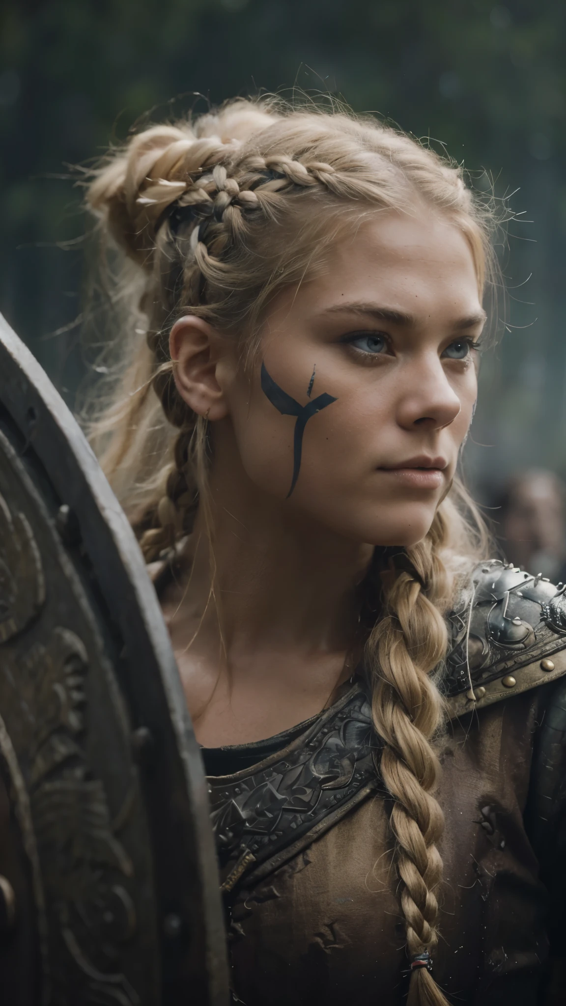 a woman with braids standing in front of a shield, beautiful nordic woman, focus close on detesting eyes, a sexy blonde warrior, trending on artstaton, movie still of a snarling, nina agdal, anthropomorphic warrior piglet, beautiful fairie, face shown, beautiful female punk