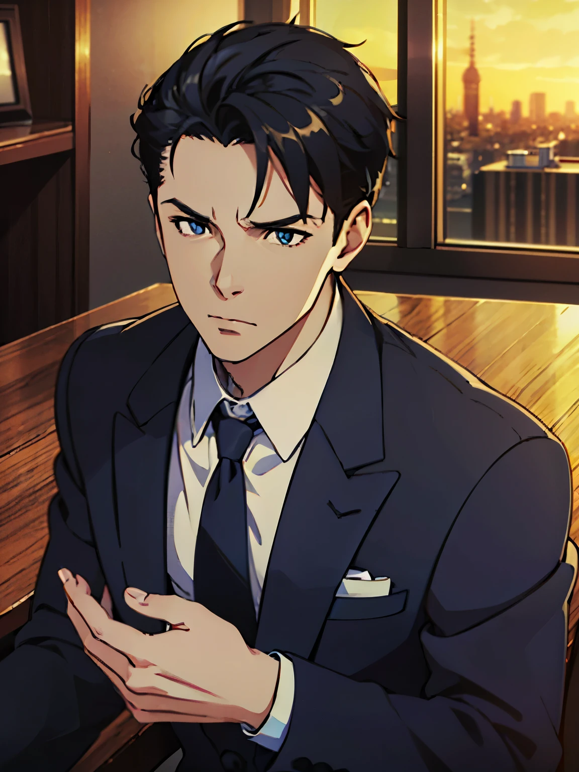 best quality,4k,8k,highres,masterpiece:1.2), ultra-detailed,high resolution, anime, young male bank clerk, wearing a suit, black hair, short hair, intense gaze, close-up shot, urban cityscape in the background.