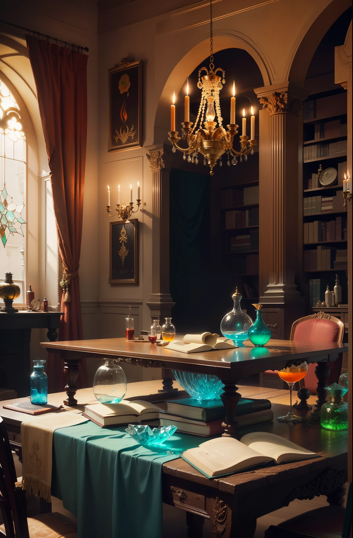 massive table, there are glass flasks ((Unusual Potions, orange, blue, green glass)), glass bottle with wooden stopper (orange liquid inside), (crystals) , A book on alchemy, burning candle.