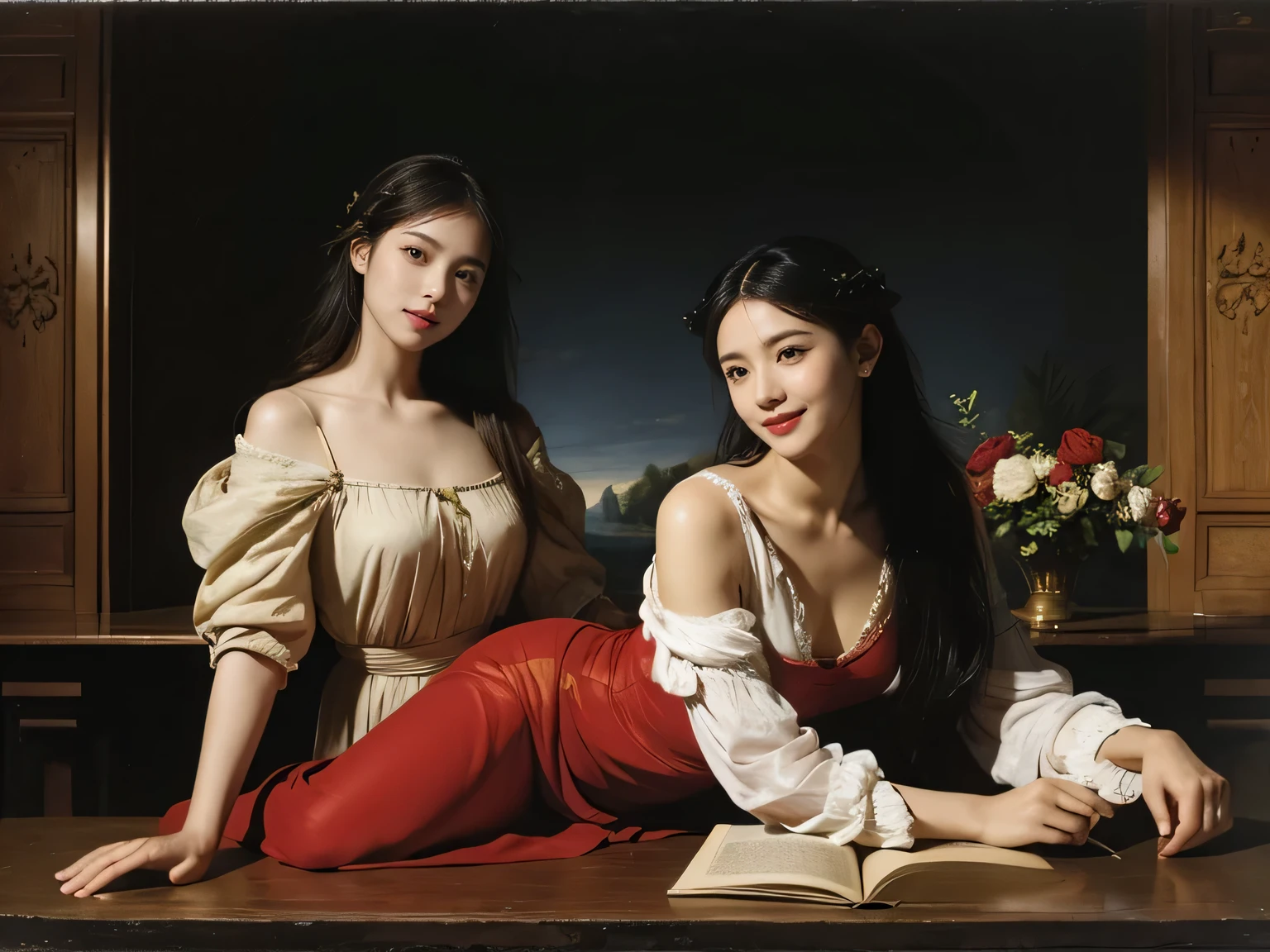 Giorgione painting style,Arguments of two female Philosophe,math、astronomical machine、astronaut、roses in vase、fruits、Cute trinkets、smile、ancient greek costume、Background is a forest lake at night 、Clothes that stretch your shoulders、A big smile、beautiful bare skin、A detailed representation of the seducing woman throughout her body.full body portrait, Ancient Roman ruins, Poussin-style landscape at night, A smile, , Sweet and seductive appearance.、Caravaggio's paintings、Chiaroscuro of Caravaggio、Hair disheveled in the wind, Two women frolicking, Cute smile, Expression of ecstasy, A sexy, Erotic 
