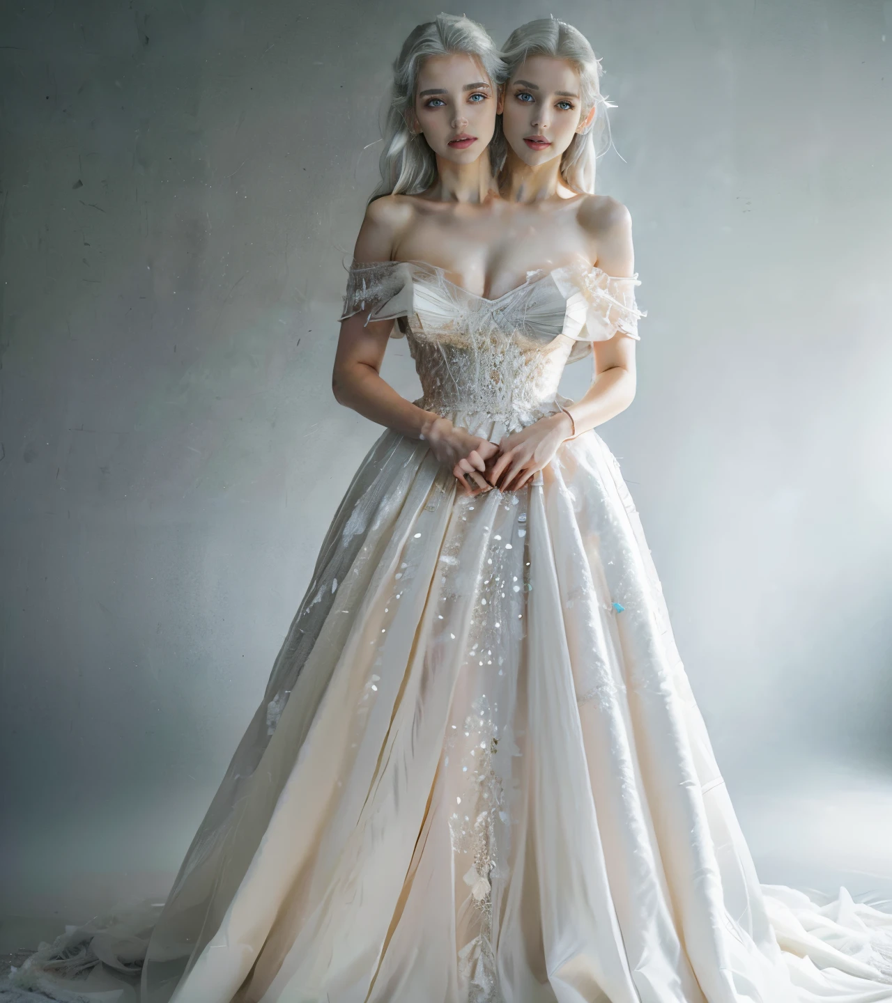 Best quality, masterpiece, ultra high res, (photorealistic: 1.4), raw photo, 1girl, off shoulder, cinematic lighting, kiss poses, heterochromia, white hair, white hair, (wedding dress), (two heads), full body