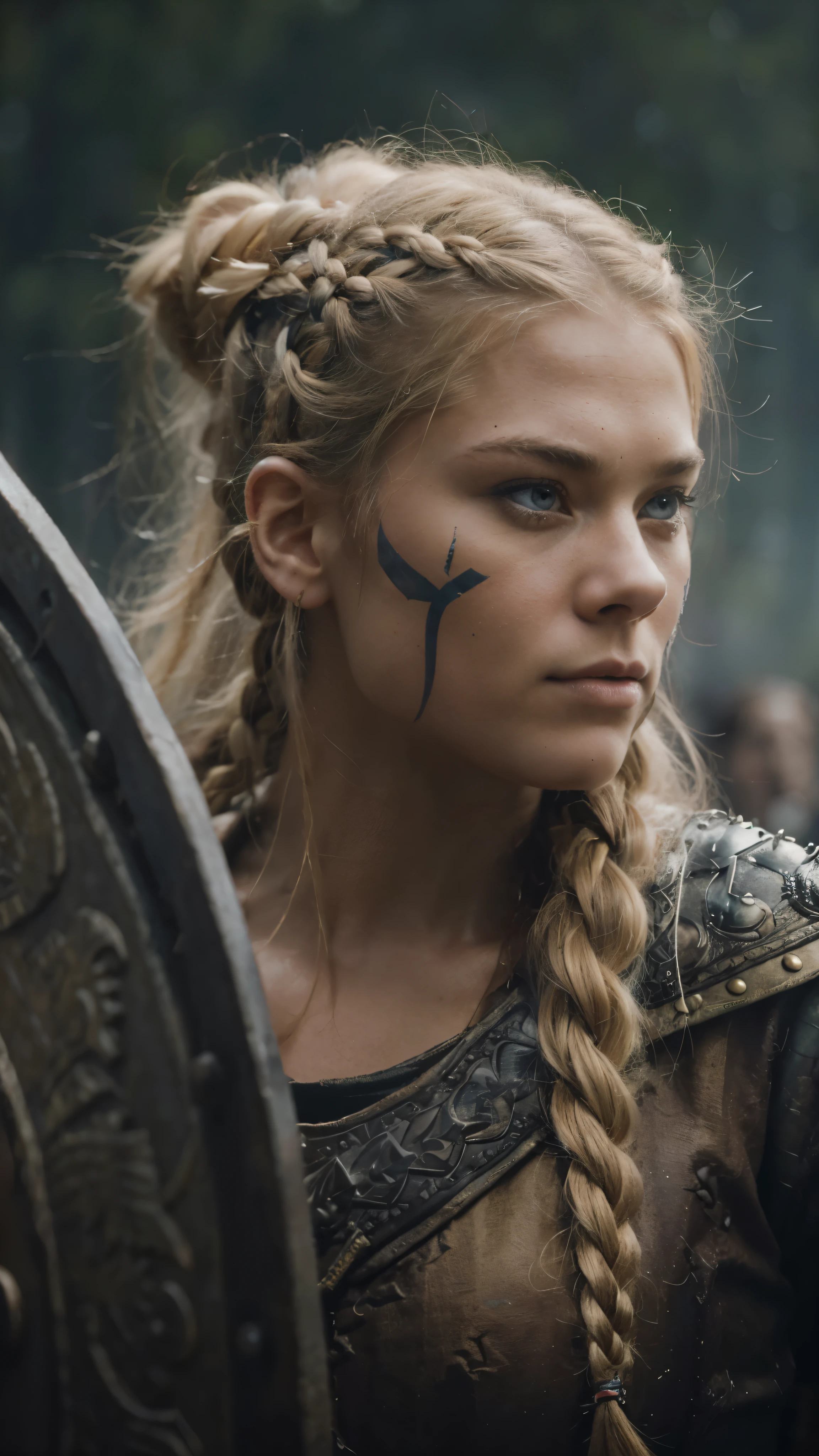 a woman with braids in front of a shield, Beautiful Nordic Woman, Concentre-se de perto em detestar os olhos, uma guerreira loira sexy, trends on artstaton, filme ainda de um rosnado, por Agdal, Anthropomorphic warrior piglet, linda fada, rosto mostrado, linda mulher punk