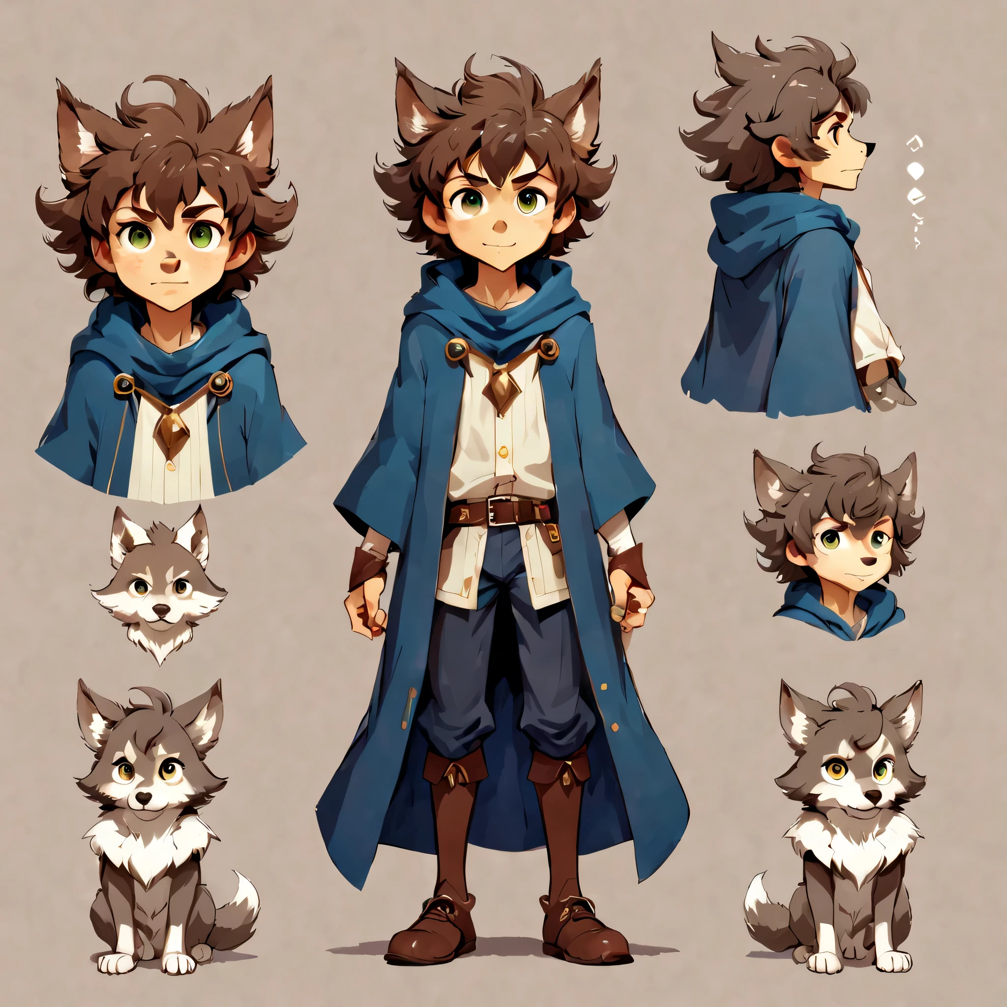 オリジナルキャラクターのdesign sheetを作成します,anime main character,boy,wizard,natural perm,my partner is a wolf,((design sheet,Orderly columns,3 views,whole body, background,multiple views,High resolution)),be familiar with,multiple views,Active,action pose,dynamic,nice,cute,masterpiece,highest quality,In detail,gracefully,sketch,sketch,ラフsketch,propose,explanation,under consideration,Show magic items