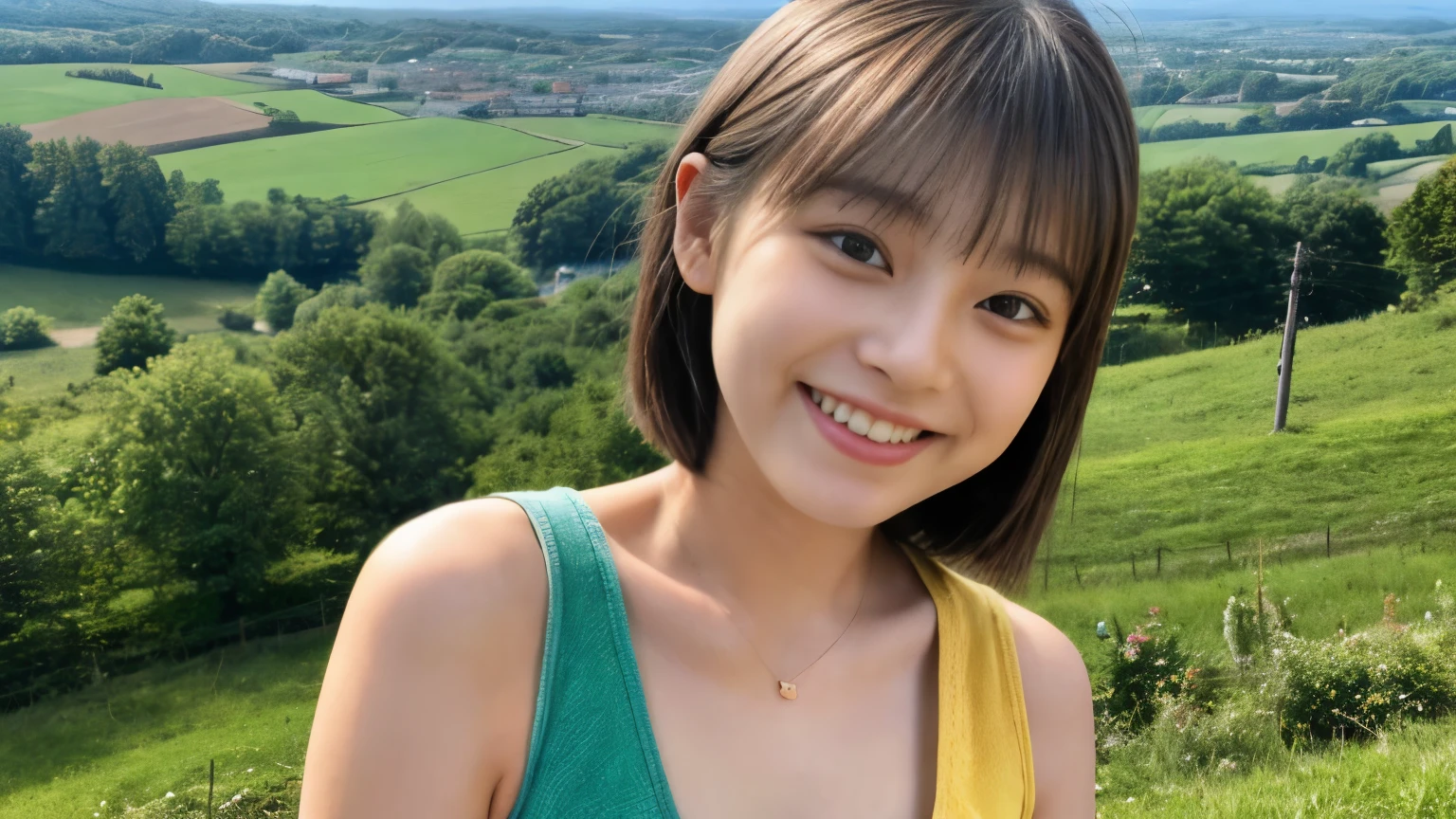 masterpiece、4k、highest quality、beautiful japanese woman、detailed description、1 girl、23 years old、(yellow camisole:1.1)、bob cut、summer、rural area、Depth of written boundary、Angle from above、smile、Biei town hill landscape background、（‼ ︎Holding a cute black kitten）