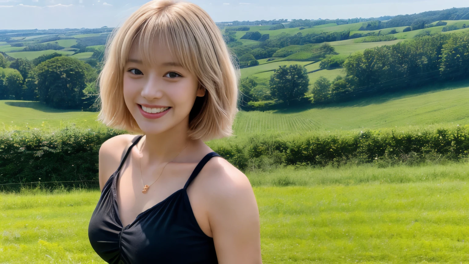 masterpiece、4k、highest quality、beautiful japanese woman、detailed description、1 girl、23 years old、(yellow camisole:1.1)、bob cut、summer、rural area、Depth of written boundary、Angle from above、smile、Biei town hill landscape background、（‼ ︎Holding a cute black kitten）