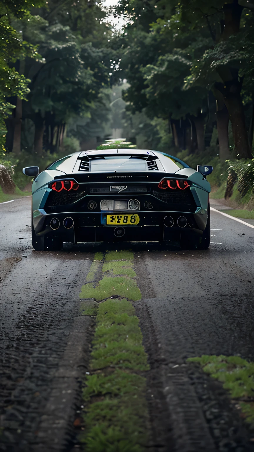 Lamborghini sport car in a forest road head to the camera, wet day, rainy, daytime, vivid colors, close view