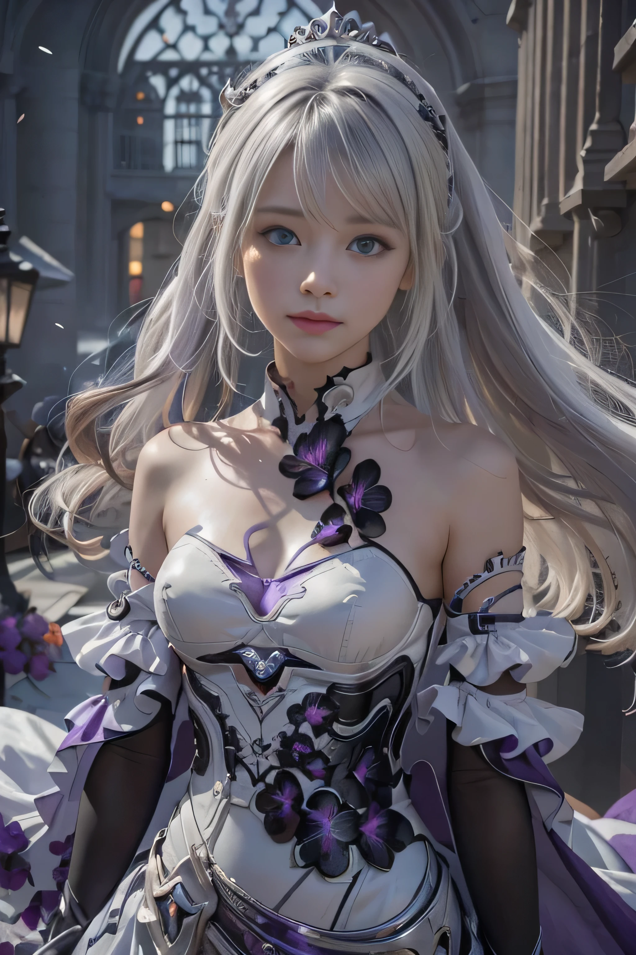 Realistic,masterpiece, best quality, (realistic,photo-realistic:1.4), (RAW photo:1.2),extremely detailed CG unity 8k wallpaper, delicate and beautiful, amazing,finely detail, official art, absurdres, incredibly absurdres, huge filesize, ultra-detailed,extremely detailed eyes and face, light on face,sinon,little smile,(white hair:1.3),long hair,(wearing white purple dress:1.4),(medium breast:1.3),castle backgrounds,ponytail,blue eyes,wearing black crown,kiana herrscher of finality,black flower