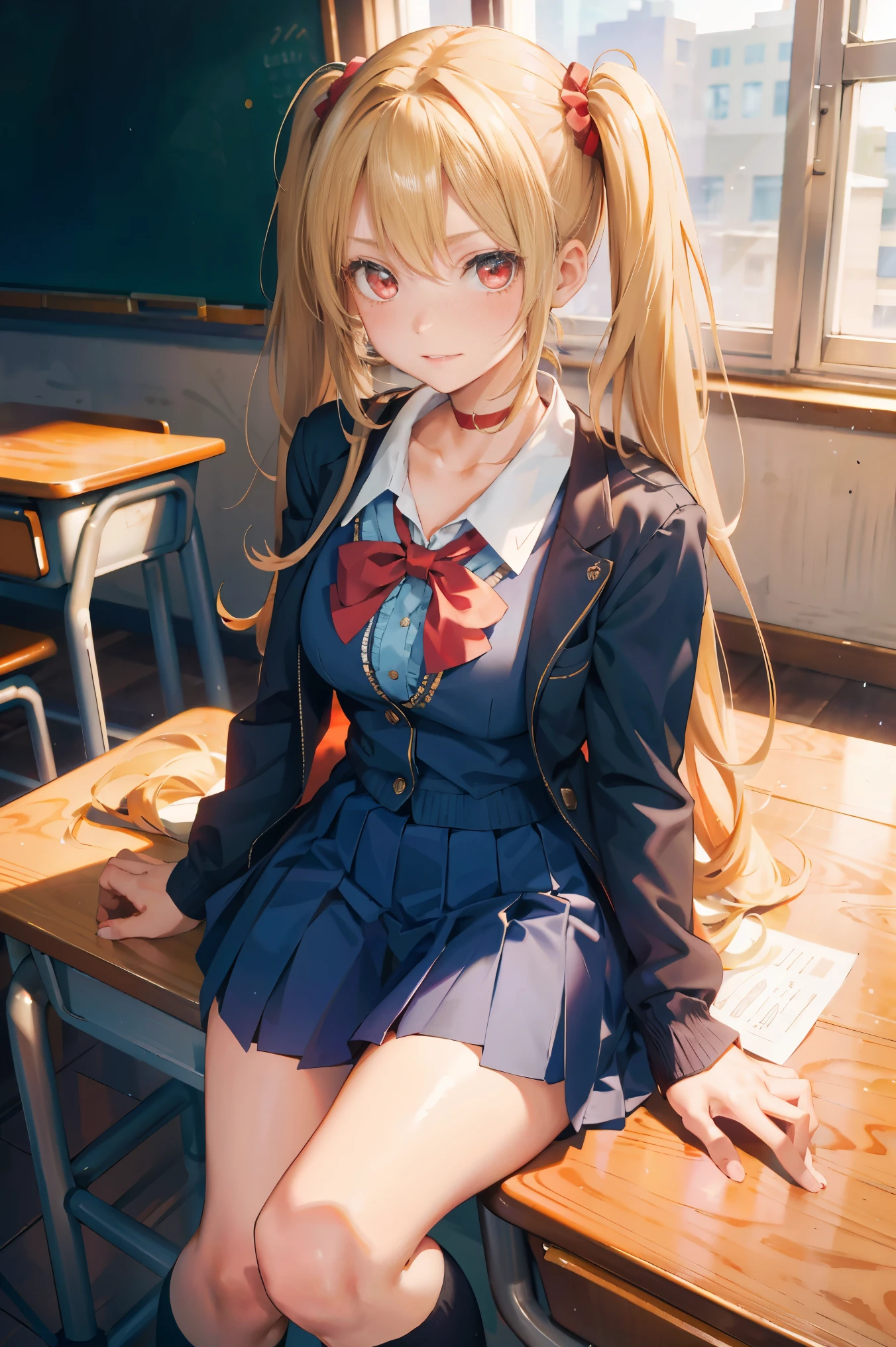 Highest quality、high resolution、beautiful girl、Blonde、student、uniform、skirt、Spread your legs、Panty shot、Red underwear、Frills