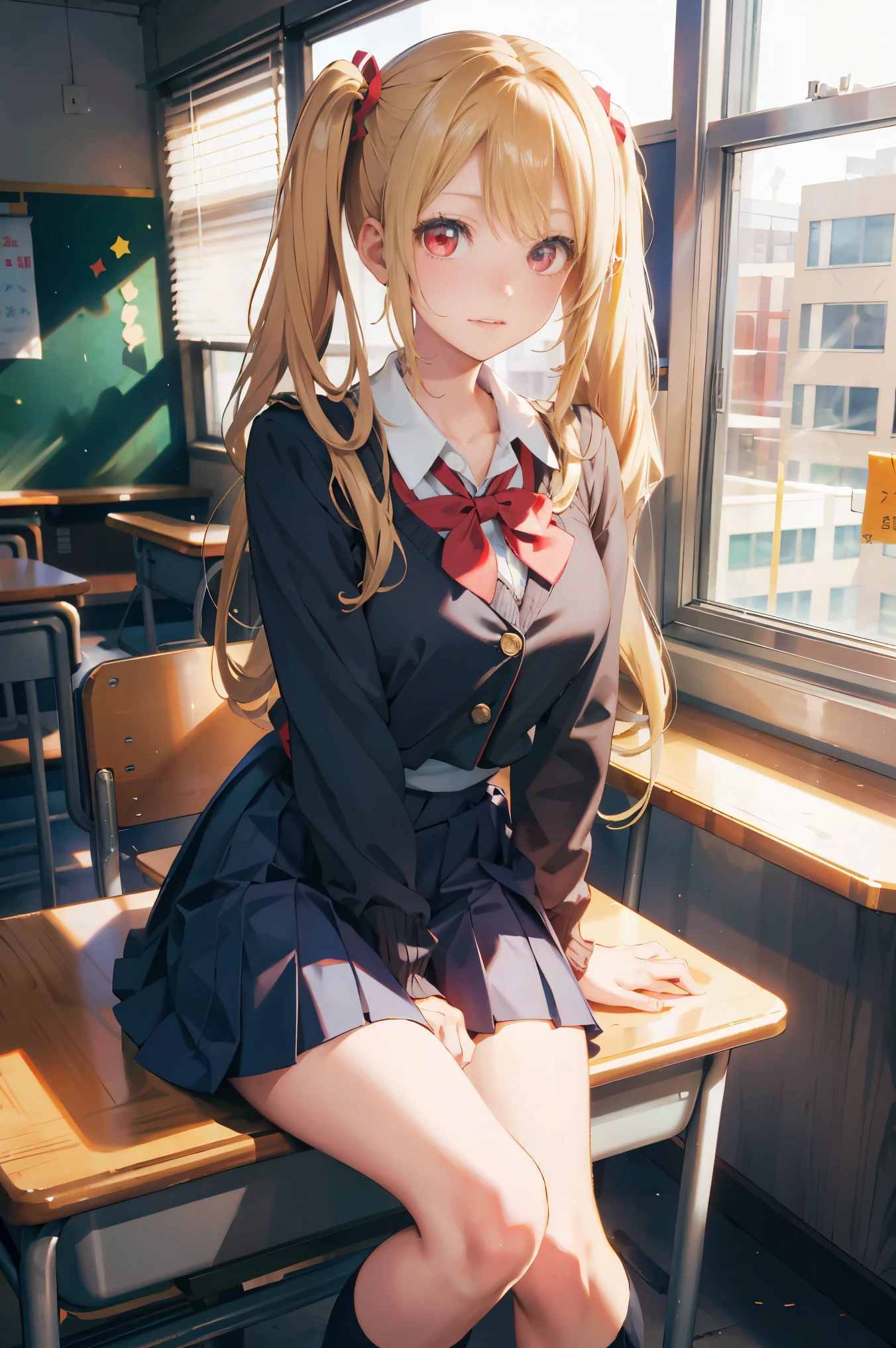(masterpiece:1.2, best quality), 1lady, solo, , classroom, day, sit, blonde, twintails, red eyes, open collabone, gyaru, open chest