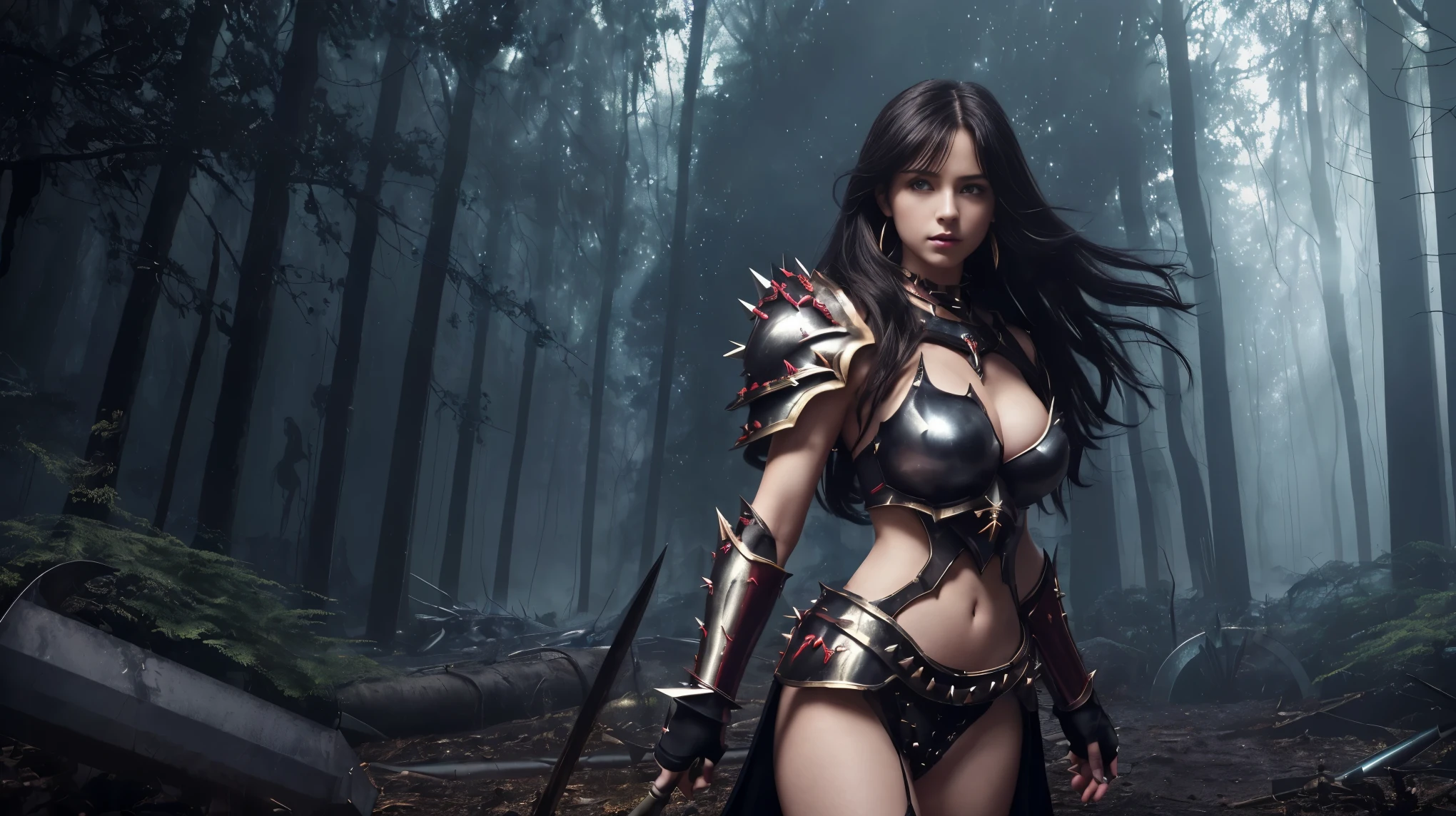 (Highly realistic image), Fantasy scene, Centerpiece, masterpiece, Ultra detailed, High quality, 4k, complex, expert, Center, (volumetric lighting), beautiful, dark masterpiece, (ultra detailed landscape ), (sharp landscape), (sharp image), (dark scene), (dark atmosphere). (1 sublime age girl), (1 French girl aged 15), long and straight hair, (black hair), (hair in front of her eyes), (blue eyes), (slender body), small ass, (big breasts), face fine and innocent, (seductive smile), luscious red lips, (large gold hoop earrings), red halo, black crown, (she is equipped with ebonite sexy armor with large steel spikes: 1.5), (bare stomach), (bare arms), (bare legs). (in a dark forest, in front of a magical portal open to the abyss: 1.5), (magic is omnipresent in the atmosphere, ghostly spirits fly around the portal), (red lightning travels through the air). (View viewer), (cowboy shot), (sensual dynamic pose), (perfect body), (perfect anatomy), (perfect hand)
