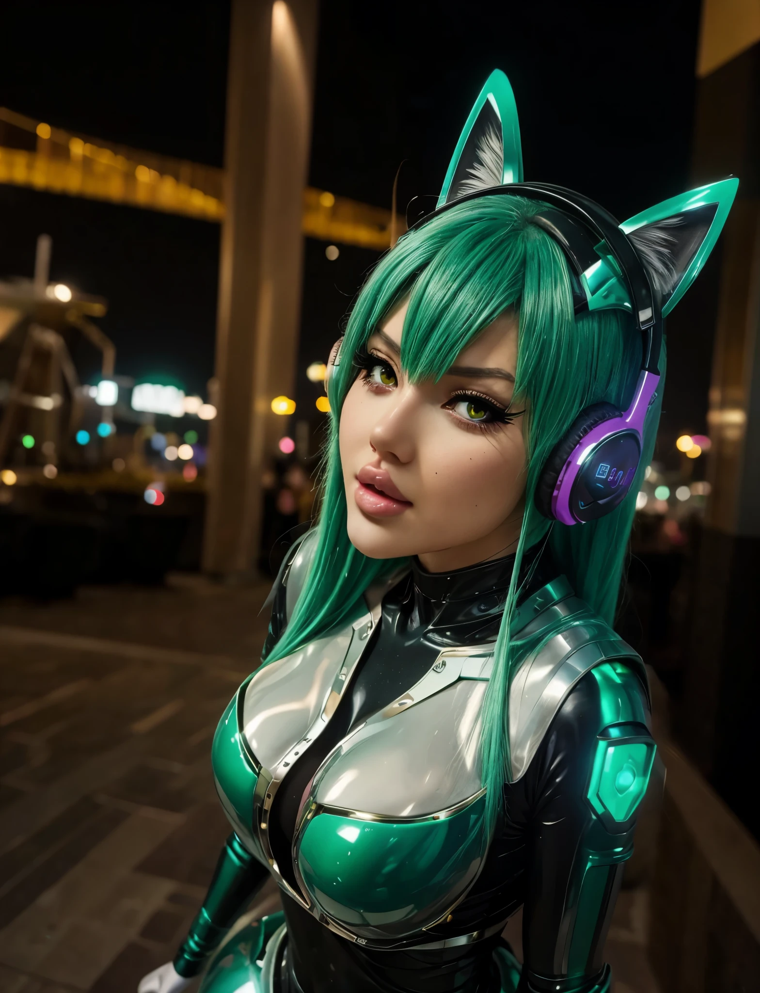 there is a woman with green hair and headphones, orelhas de gato de metal e olhos brilhantes, cosplay de anime, Tatsumaki from one punch man, anime catgirl, estilo anime misturado com fujifilm, Nekomimi, raposa verde digital, cosplay profissional, cosplay de  anime, Mulher com orelhas de gato, usando fones de ouvido de gato, brilho cyberpunk brilhante, foto de cosplay, Tatsumaki