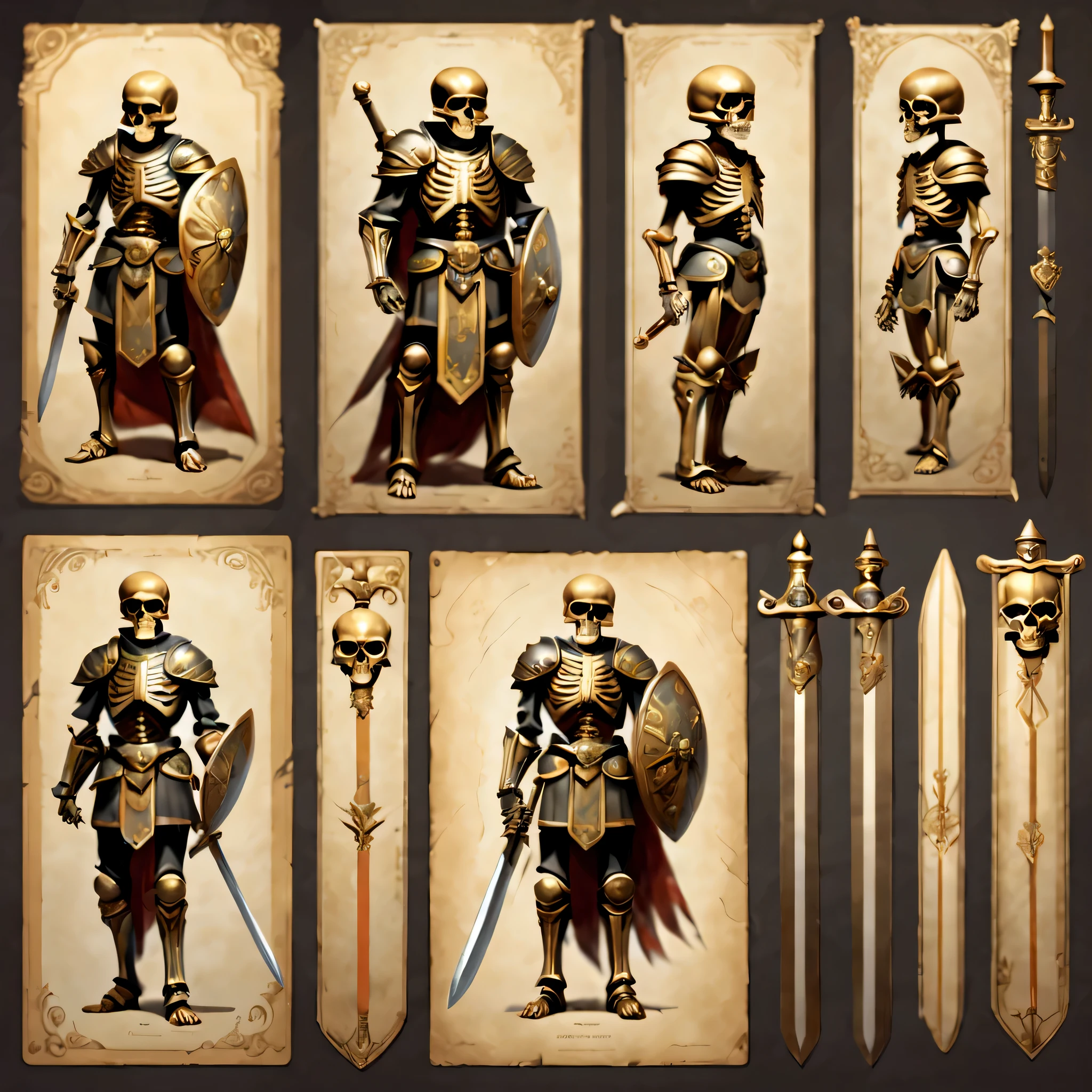 オリジナルキャラクターのdesign sheetを作成します,skeleton warrior,sword and shield,((design sheet,Orderly columns,3 views,whole body, background,multiple views,High resolution)),be familiar with,multiple views,Active,action pose,dynamic,nice,,masterpiece,highest quality,In detail,gracefully,sketch,sketch,ラフsketch,propose,explanation,under consideration,Display equipment