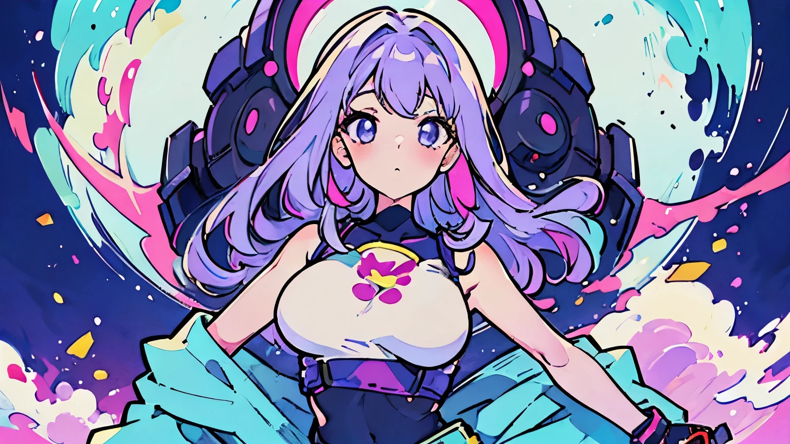 ((Great Quality)), (Detailed), Anime girl, 1 girl, long light purple hair, half naked, sexy, wearing pantyhose and croptop, medium big breasts, Strong white highlights, high saturation, high res, ultra sharp, 8k, masterpiece, looking at viewer, vaporwave, contrast in background, horizontal format, vintage old retro vibe