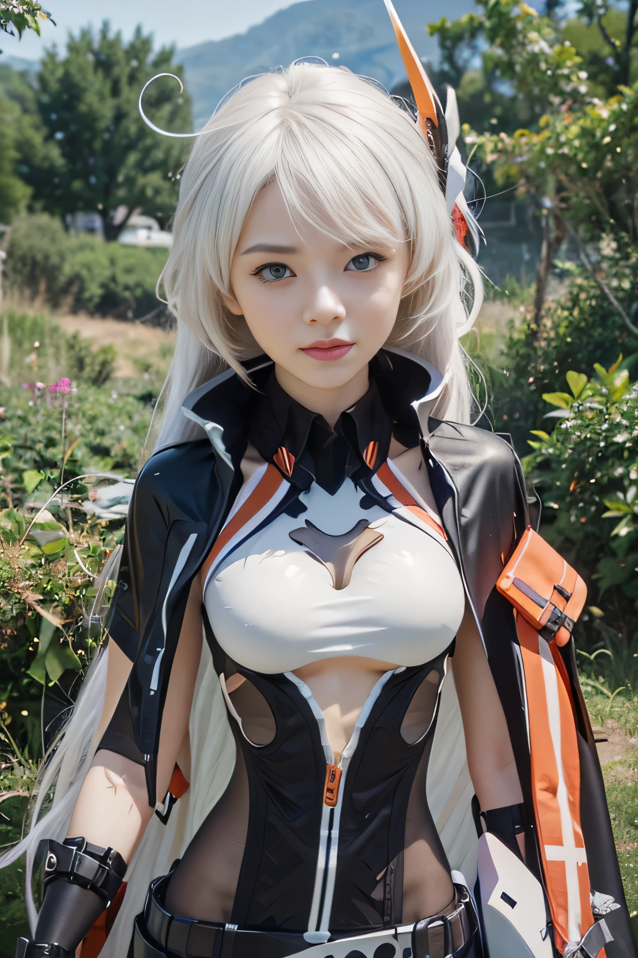 Realistic,masterpiece, best quality, (realistic,photo-realistic:1.4), (RAW photo:1.2),extremely detailed CG unity 8k wallpaper, delicate and beautiful, amazing,finely detail, official art, absurdres, incredibly absurdres, huge filesize, ultra-detailed,extremely detailed eyes and face, light on face,sinon,little smile,(white hair:1.3),long hair,(wearing suit:1.4),(medium breast:1.3),nature town background,blue eyes,kiana kaslana