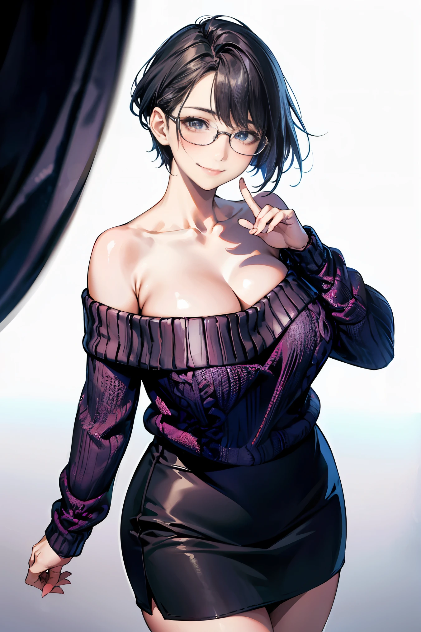 20 year old woman、black hair、very short hair、big smile、cleavage、clothes with open chest、(high top fade:1.3)、dark theme、mute tone、calm colors、high contrast、(natural skin texture、hyper realism、soft light、sharp) 黒のskirt, (青いsweater:1.5), long sleeve, off shoulder, off shouldersweater, plump sleeves, skirt, sweater, white ribbon,wearing glasses,