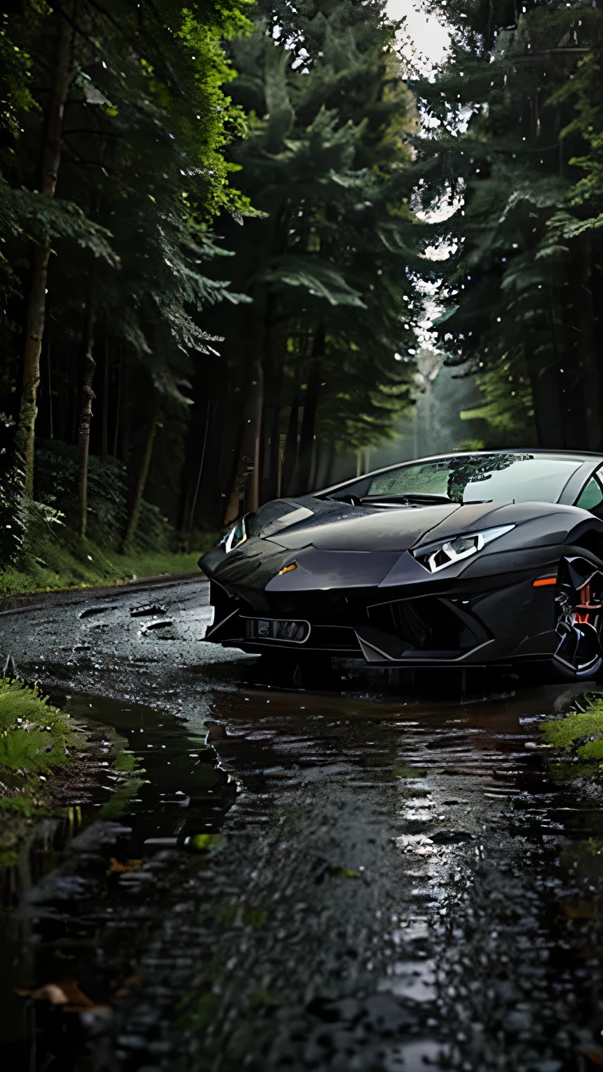 Lamborghini sport car coming in a forest road , wet day, rainy, daytime, vivid colors, close view, detailed ground, with small rocks and leaves.