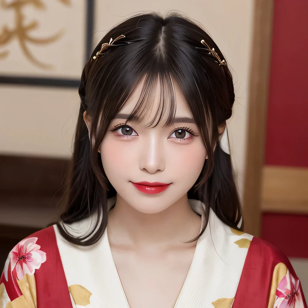 (table top:1.3), (8k, realistic, RAW photo, highest quality: 1.4), Japanese, (Women of the Edo period), Japanese clothing from the Edo period、expensive kimono、brightly colored kimono、Edo period hair、Japanese hair、大きなhairpin、綺麗なhairpin、kimono hairstyle、short ponytail、parted bangs、beautiful face, (realistic face), (black hair), beautiful nape, realistic eyes, fine and beautiful eyes, (realistic skin), beautiful skin, charm, 超A high resolution, 超realistic, very detailed, golden ratio,, beautiful clavicle, pure white makeup、bright red lipstick、In a Japanese room、15 years old、hairpin、hairpin、big smile