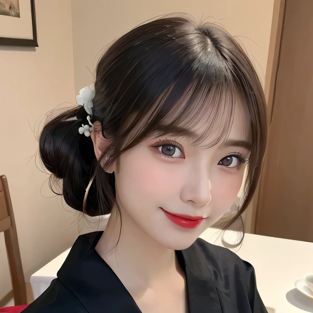 (table top:1.3), (8k, realistic, RAW photo, highest quality: 1.4), Japanese, (Women of the Edo period), Japanese clothing from the Edo period、expensive kimono、brightly colored kimono、Edo period hair、Japanese hair、大きなhairpin、綺麗なhairpin、kimono hairstyle、short ponytail、parted bangs、beautiful face, (realistic face), (black hair), beautiful nape, realistic eyes, fine and beautiful eyes, (realistic skin), beautiful skin, charm, 超A high resolution, 超realistic, very detailed, golden ratio,, beautiful clavicle, pure white makeup、bright red lipstick、In a Japanese room、15 years old、hairpin、hairpin、big smile