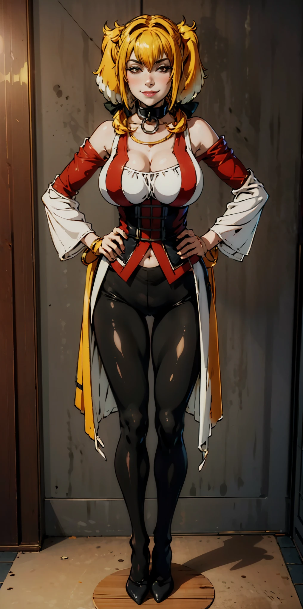 1solo Milf full body standing straight symmetrical, looking at viewer, hands on hips, twin drills twintails, striped pantyhose, golden handcuffs on their hands with a black leather collar around the golden heart necklace, hands on hips, lustful smirking smile face red blushed