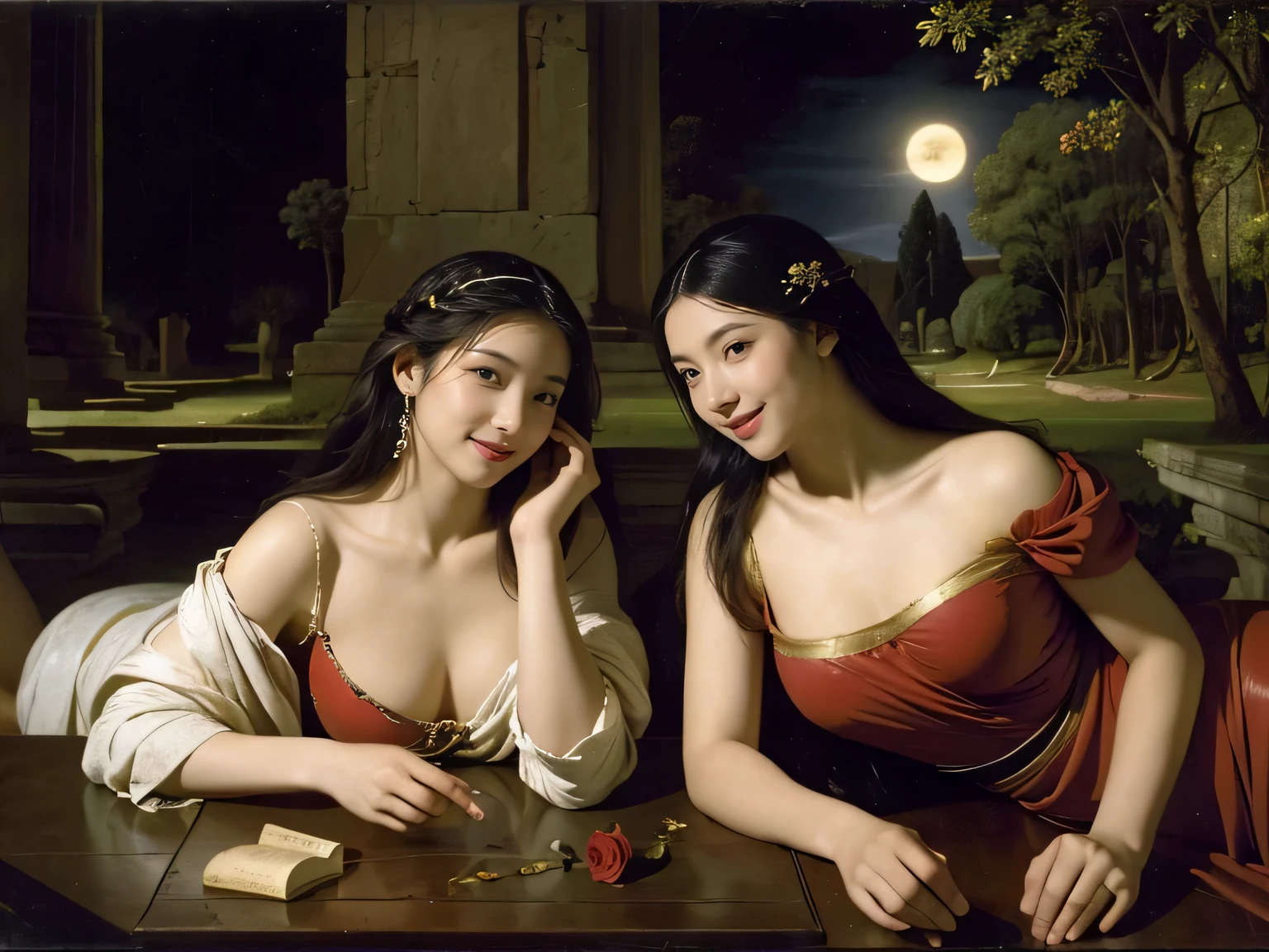 Giorgione's painting style,Discussion between two female philosophers,math、astronomical machine、astronaut、roses in vase、fruit、Cute trinkets、smile、ancient greek costume、The background is a forest lake at night 、Clothes that stretch your shoulders、A big smile、beautiful bare skin、A detailed representation of the seducing woman throughout her body..full body portrait, ancient roman ruins, Poussin style night view, A smile, , sweet and enchanting appearance.、caravaggio painting、Caravaggio's Chiaroscuro、My hair was messed up by the wind, two women having fun, Cute smile, expression of ecstasy, Sexy, erotic