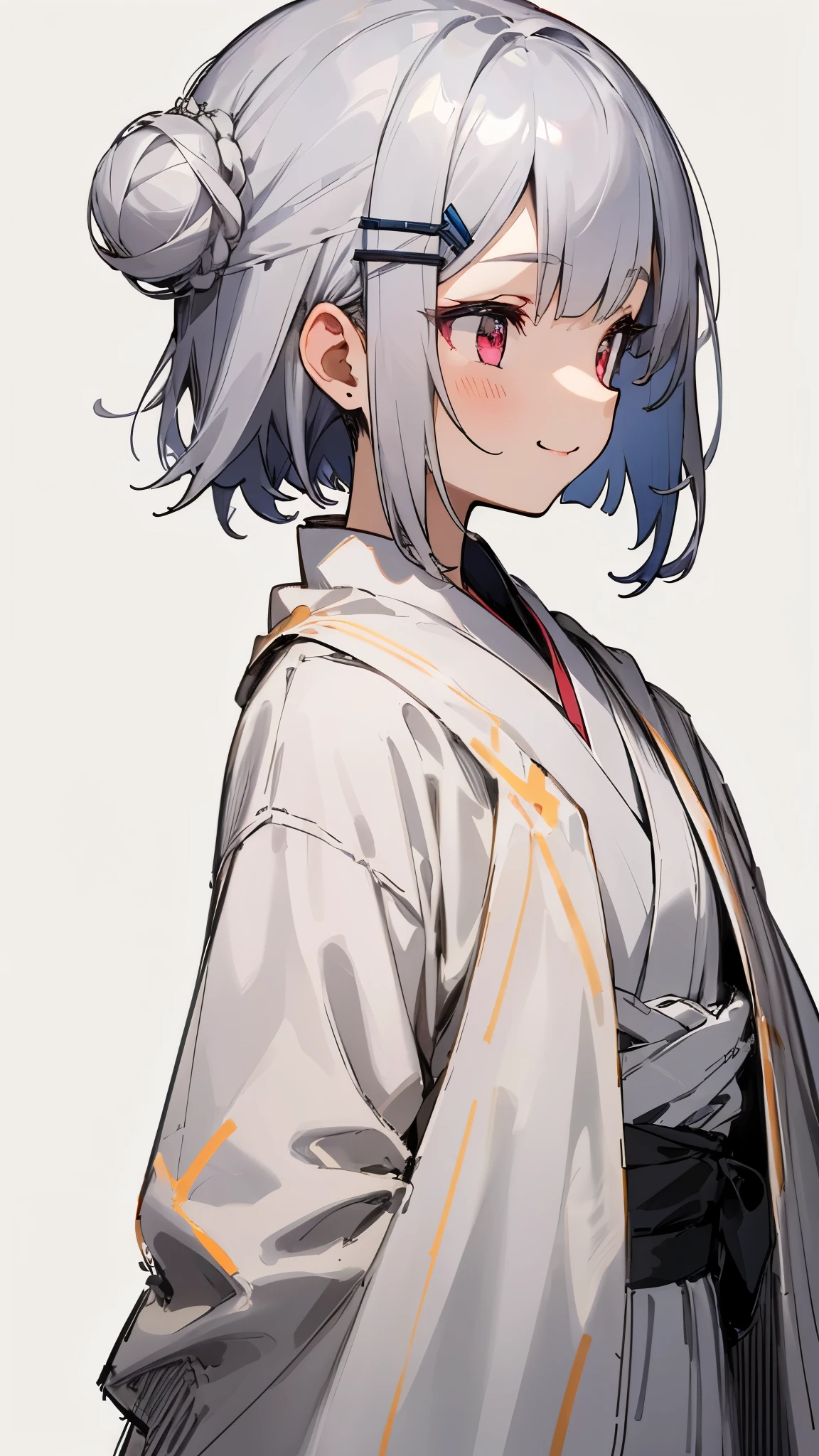 1 girl、straight、Upper body、solo、Silver short bob hair clip tied into a bun、pink eyes、profile、smile、robe blanche、line drawing、simple background、white background