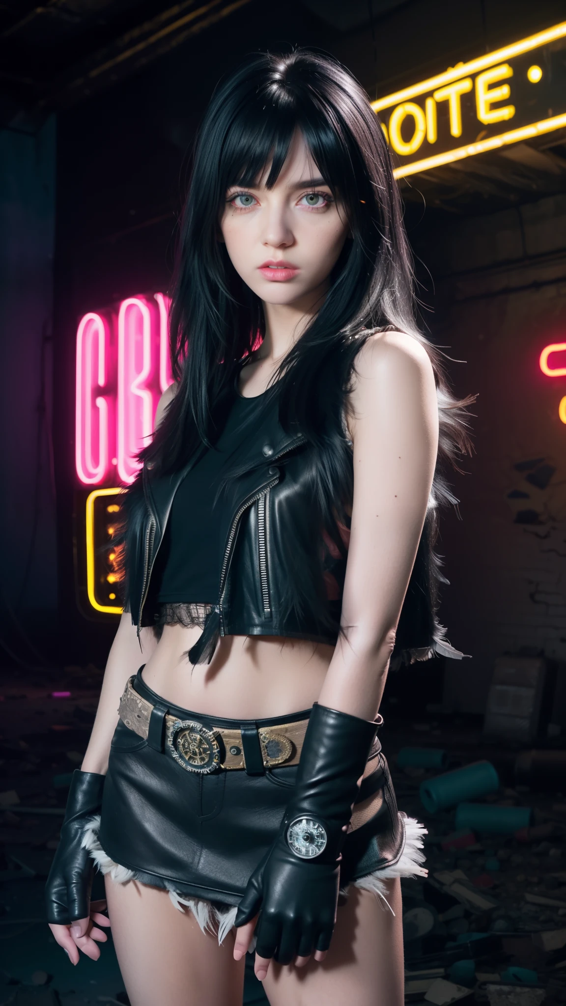 (night), black long fluffy hair with bangs, yellow eyes, look punk emo (feather trim sleeveless top,gloves, leather mini skirt), at the desert, bratz style, (abandoned building, neon light, neon lights in abandoned buildings background, rocks), (realistic:1.2), (masterpiece:1.2), ((Cowboy-shot:1.2), dark romantic lighting, (highly detailed:1.2),(detailed face:1.2), (gradients), colorful, detailed eyes, (natural lighting:1.2), solo, pale skin