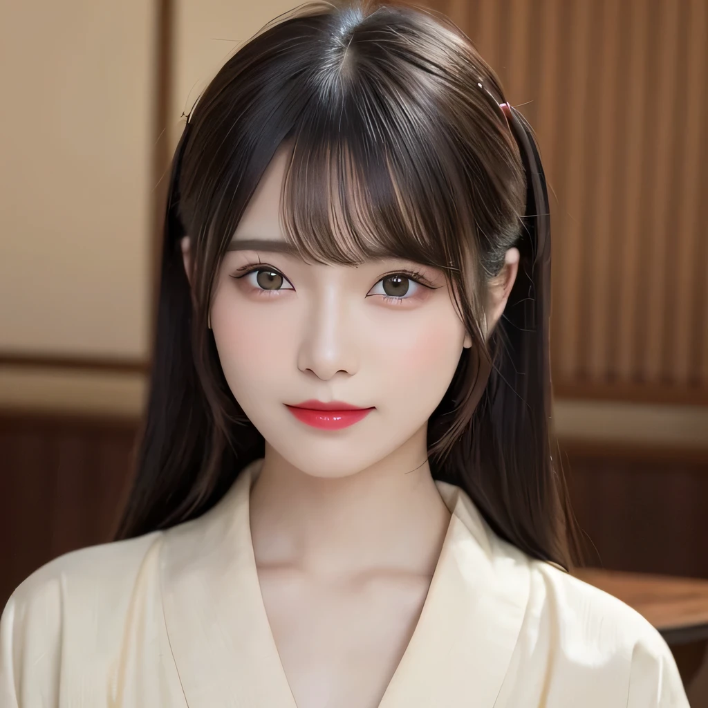 (table top:1.3), (8k, realistic, RAW photo, highest quality: 1.4), Japanese, (Women of the Edo period), Japanese clothing from the Edo period、expensive kimono、brightly colored kimono、Edo period hair、Japanese hair、大きなhairpin、綺麗なhairpin、kimono hairstyle、short ponytail、parted bangs、beautiful face, (realistic face), (black hair), beautiful nape, realistic eyes, fine and beautiful eyes, (realistic skin), beautiful skin, charm, 超A high resolution, 超realistic, very detailed, golden ratio,, beautiful clavicle, pure white makeup、bright red lipstick、In a Japanese room、15 years old、hairpin、hairpin、big smile
