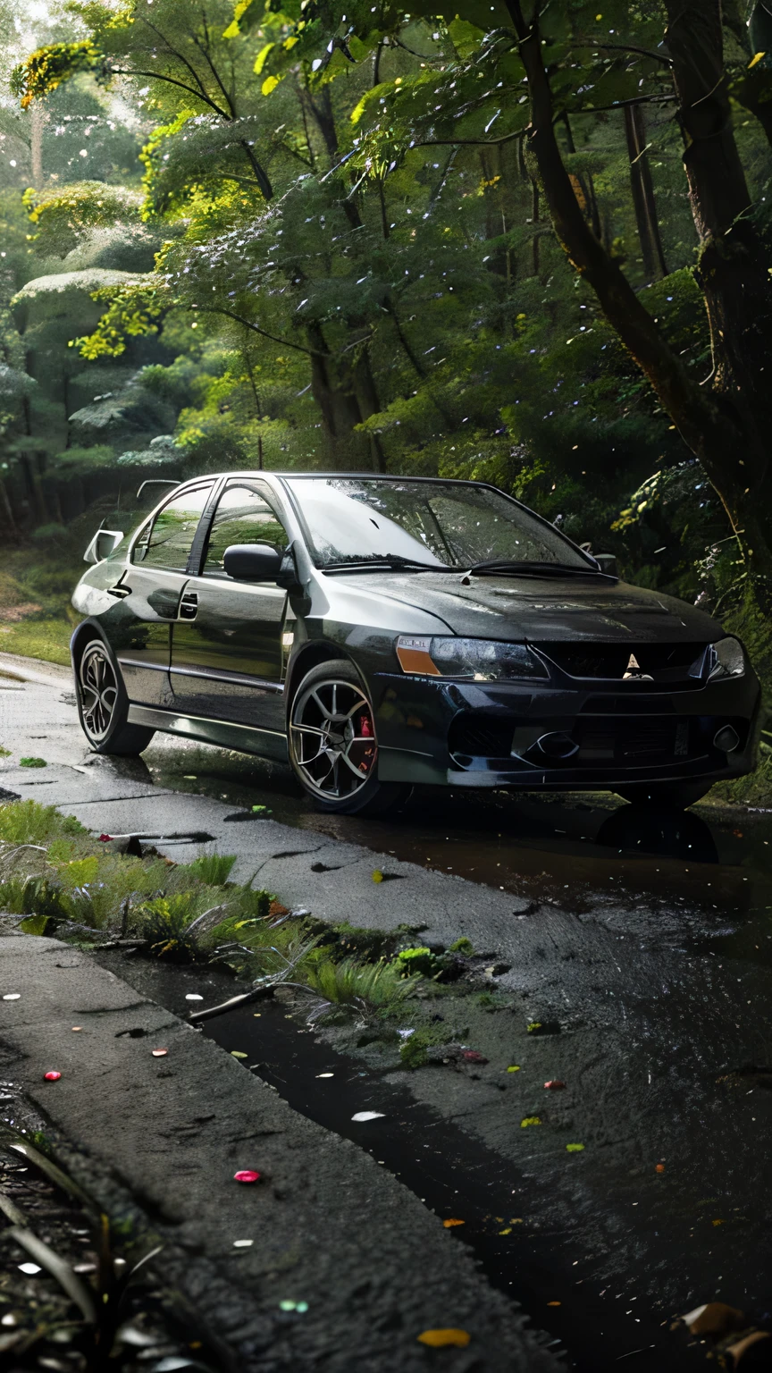 Mitsubishi lancer sport car coming in a forest road , wet day, rainy, daytime, vivid colors, close view, detailed ground, with small rocks and leaves.