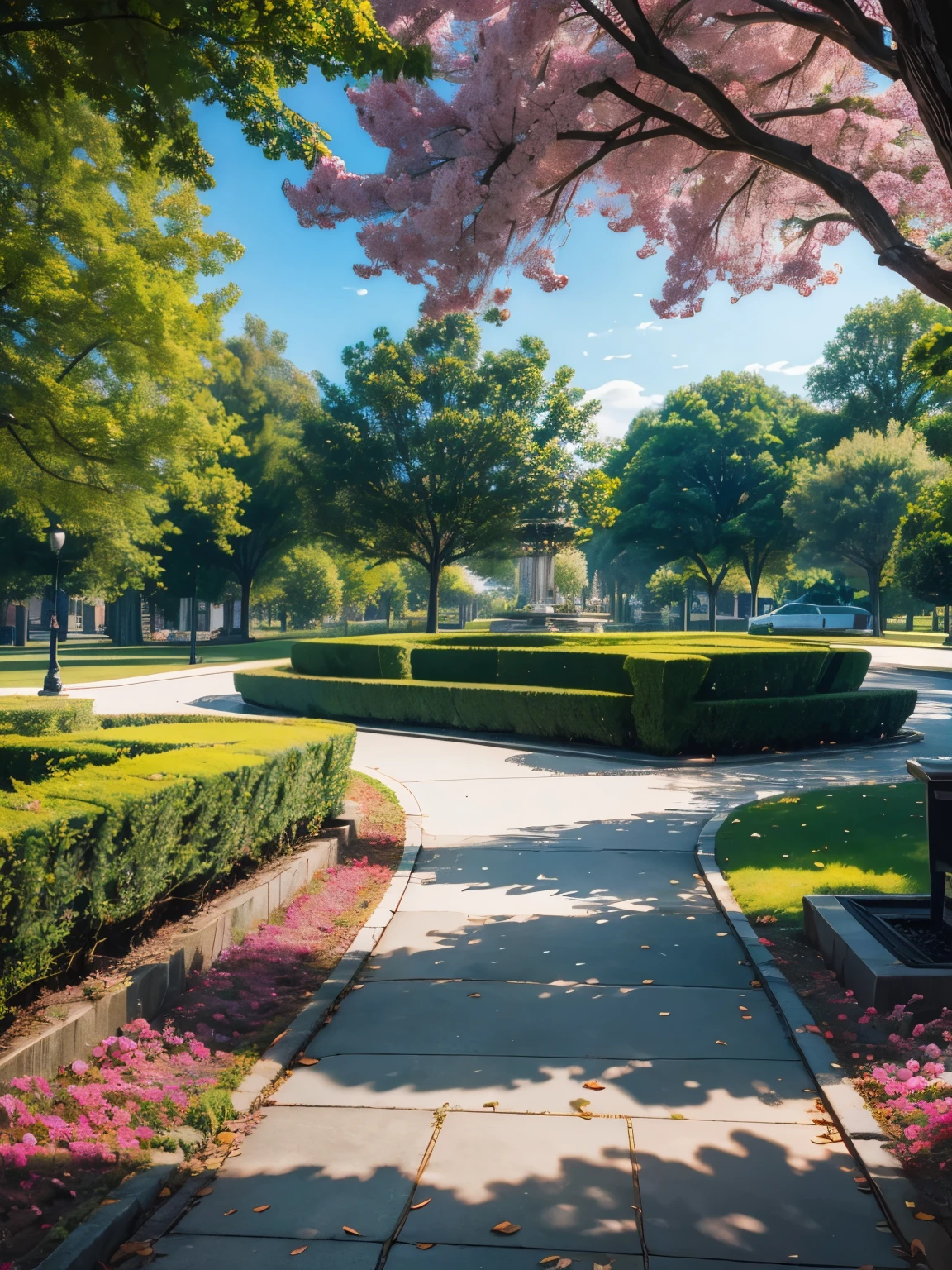 A beautiful park, with colored and beautiful trees in the middle of the city, realistic,