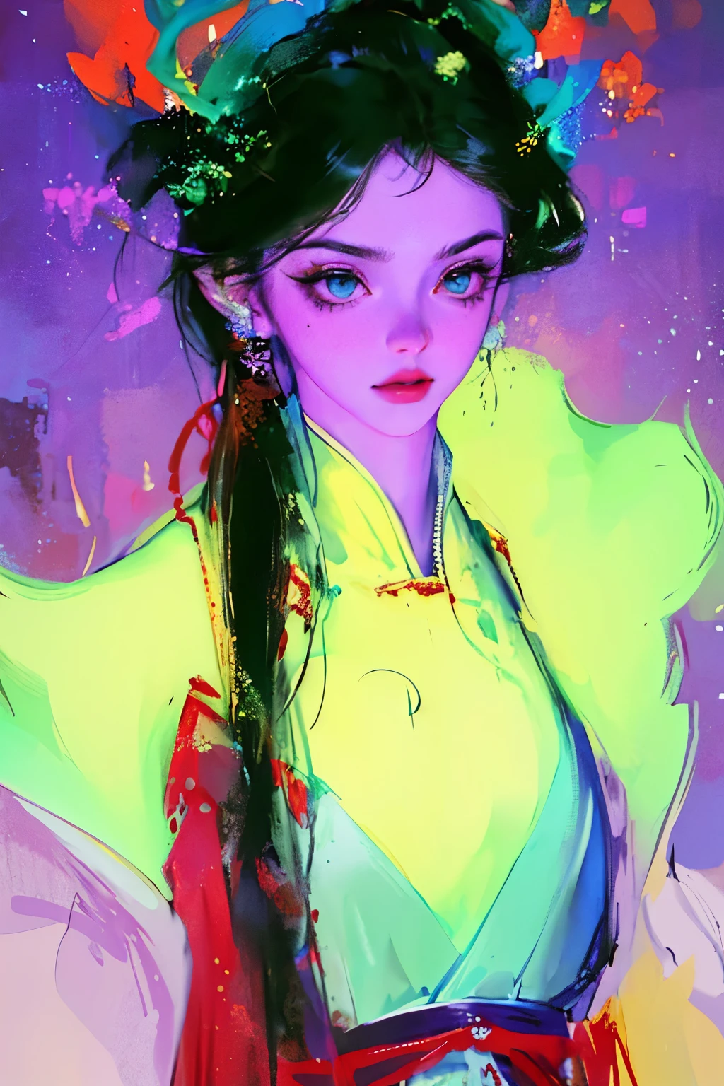 (masterpiece, best quality, 8k, sharp focus, depth of field, Best shadows, perfect lighting, high dynamic range, Realistic skin texture, Super detailed background), anime style, long angle shot, ((Cyberpunk theme)), alone, 1 female, she is a mercenary, (green eyes, White skin, Black hair ponytail, collar, small breasts, Slim, cosmetics, Eyeliner, Gloss), She is working in a futuristic Korean city, Grip the technical katana, night, Sky, waning moon, Wearing a nice technical jacket and leather pants.