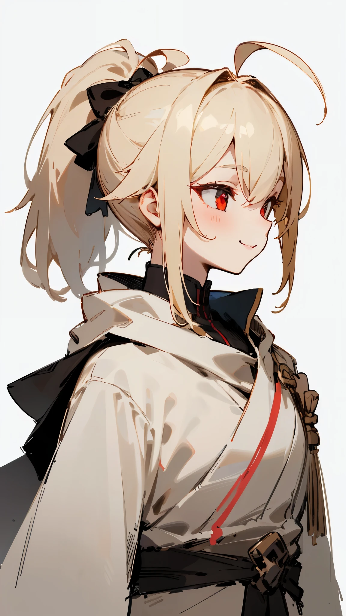 1 girl、straight、Upper body、solo、blonde、red eye、ponytail、Ahoge、gloves、profile、smile、robe blanche、line drawing、simple background、white background