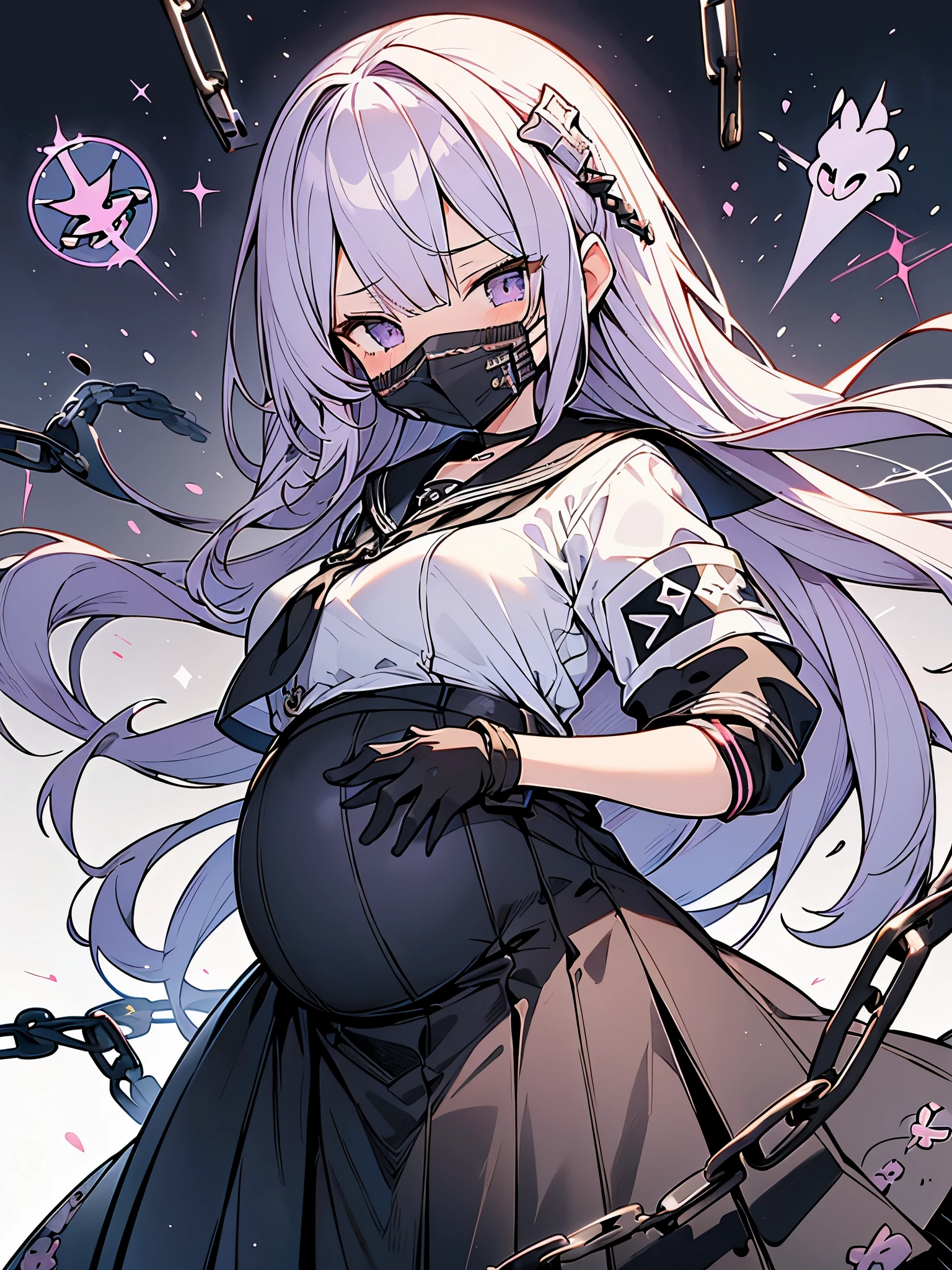 Super detailed illustration、super cute face、light purple long hair、beautiful girl、((pregnancy、bad girl、Super long skirt、modified black sailor suit、special attack uniform coat "I love you" Embroidery、armband、black medical mask,black gloves,chain))