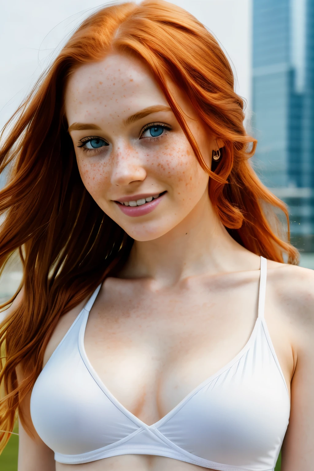 1girl in, age23, Solo, Aesthetic artwork, redhead, in Dubai, wavy ginger hair, shoulder length ginger hair, green eyes on camera, with building in background, light hazel eyes, small freckles, pale skin, C-cup, a little of freckles,medium breasts, runners body, detailed skin texture, soft lighting, high quality, symetric eyes, Fujifilm XT3 sharp focus, f 5.6, 50mm, High Detail selfie, Sharp focus,(natural light),  crazy details, complex details, hyper detailed, with a smoothie, smiling face