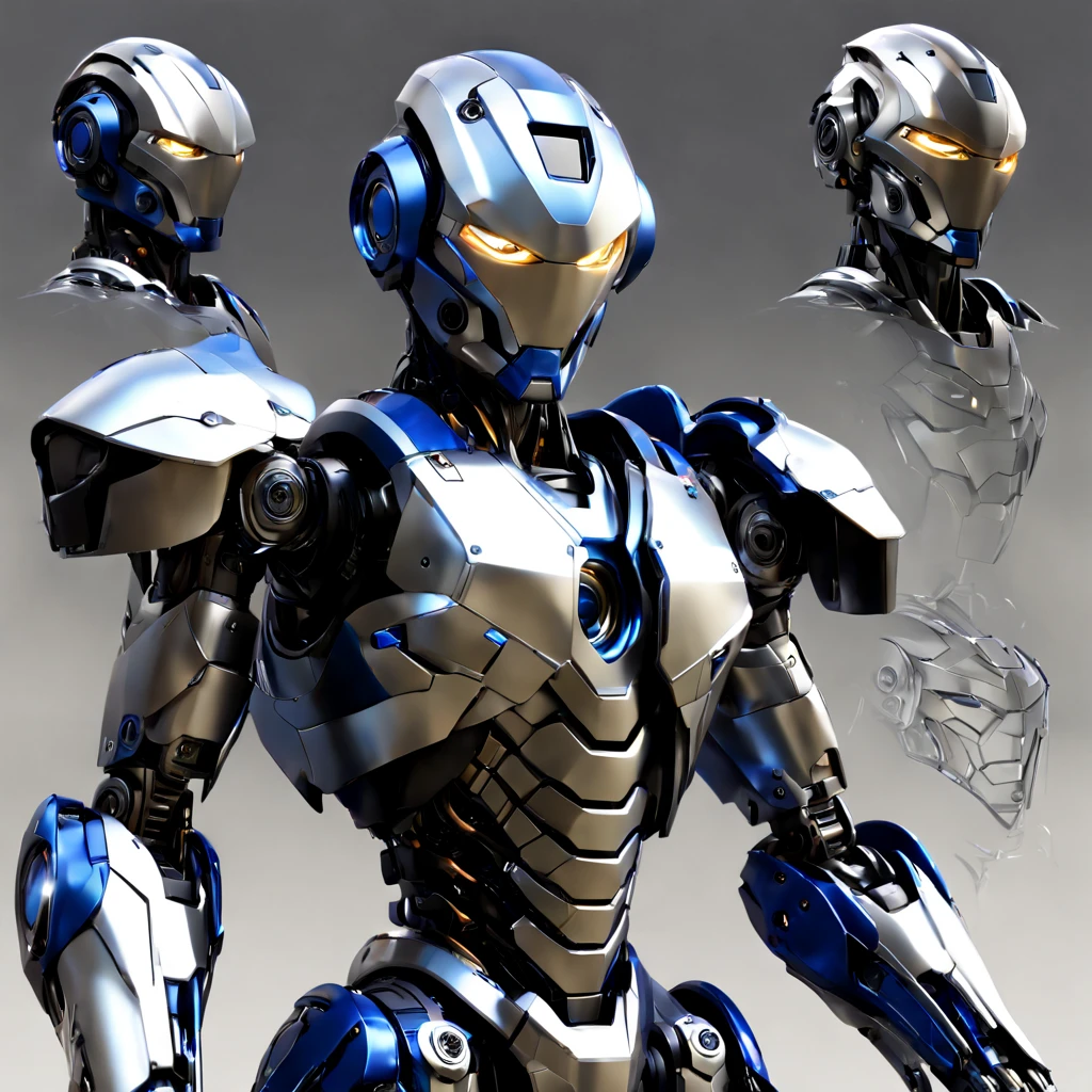 (best quality,highres,masterpiece:1.2),ultra-detailed,(realistic,photorealistic,photo-realistic:1.37),character design sheet,stylish humanoid robot,front and back and side view,sketch on a sheet,mechanically intricate details,angular and sleek design,metallic surface with fine reflections,nano woven texture,complex joint system,heavily armored exterior,high-tech digital display on its chest,glowing LED lights for eyes and joints,expressive face with realistic features,sharp lines and edges,powerful pose showcasing strength and agility,blue and silver color palette,studio lighting with dynamic shadows,professional 3D rendering.