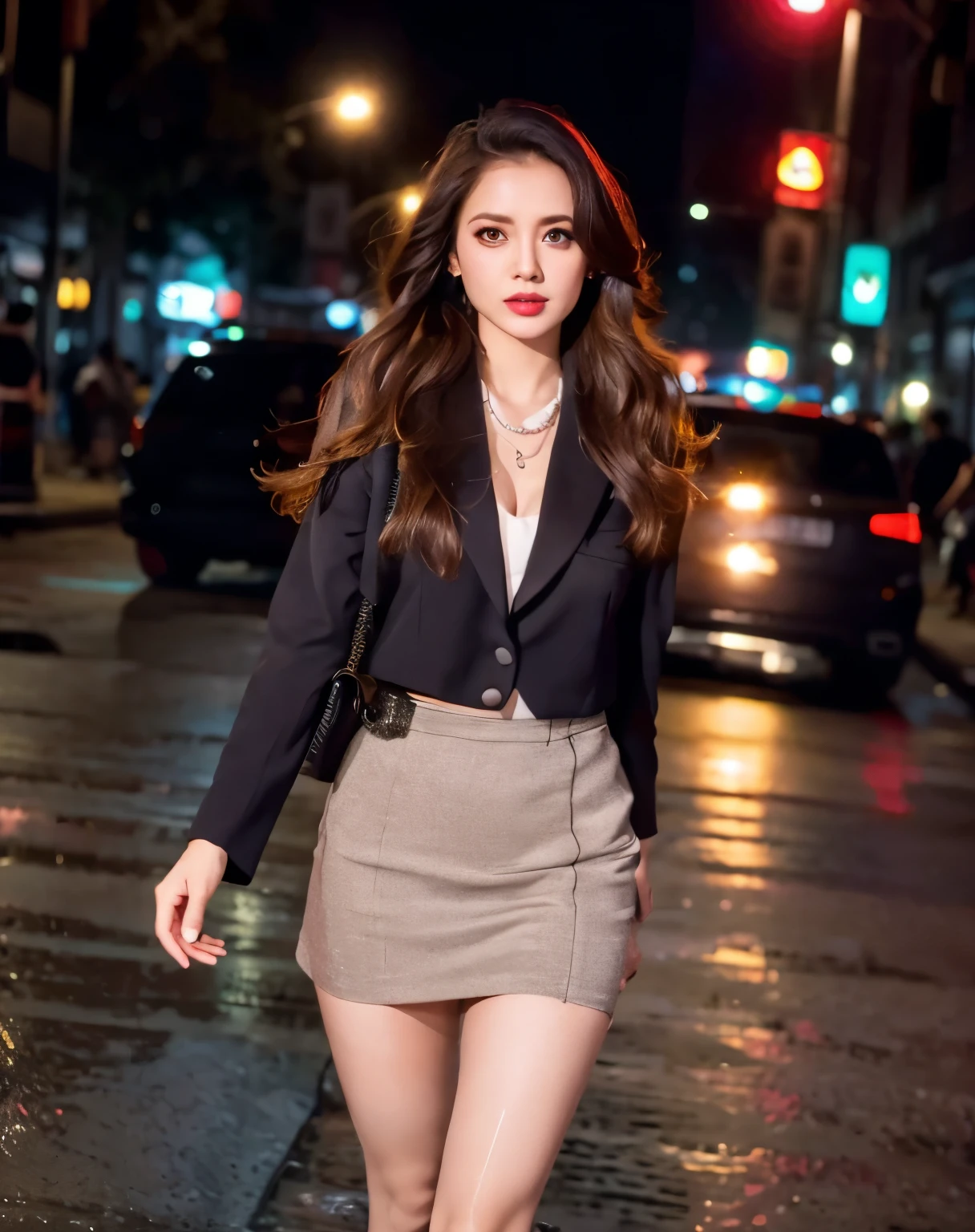 Crowds in the entertainment district at night,neon sign,vulgar shop,brothel,high class female secretary,career woman,black hair,semi-long,korean model,Black Business Suit,black tight skirt,black stockings,long legs,good style,glamorous figure,double eyelids,Big eyes,long slit eyes,big breasts，valley，