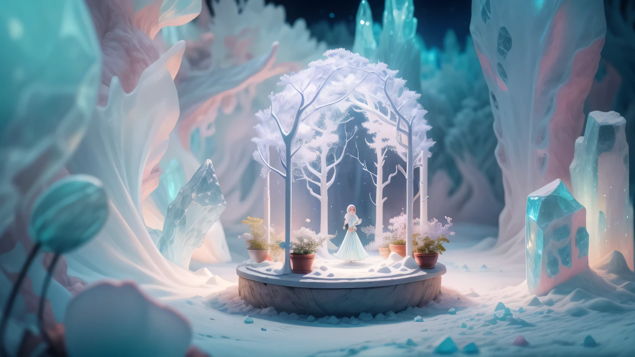 Magic garden miniature scene, delicate ice flower、soft shining crystal、Illuminated by happy smiling miniatures. 8K Autorealist,ice cave、ice furniture