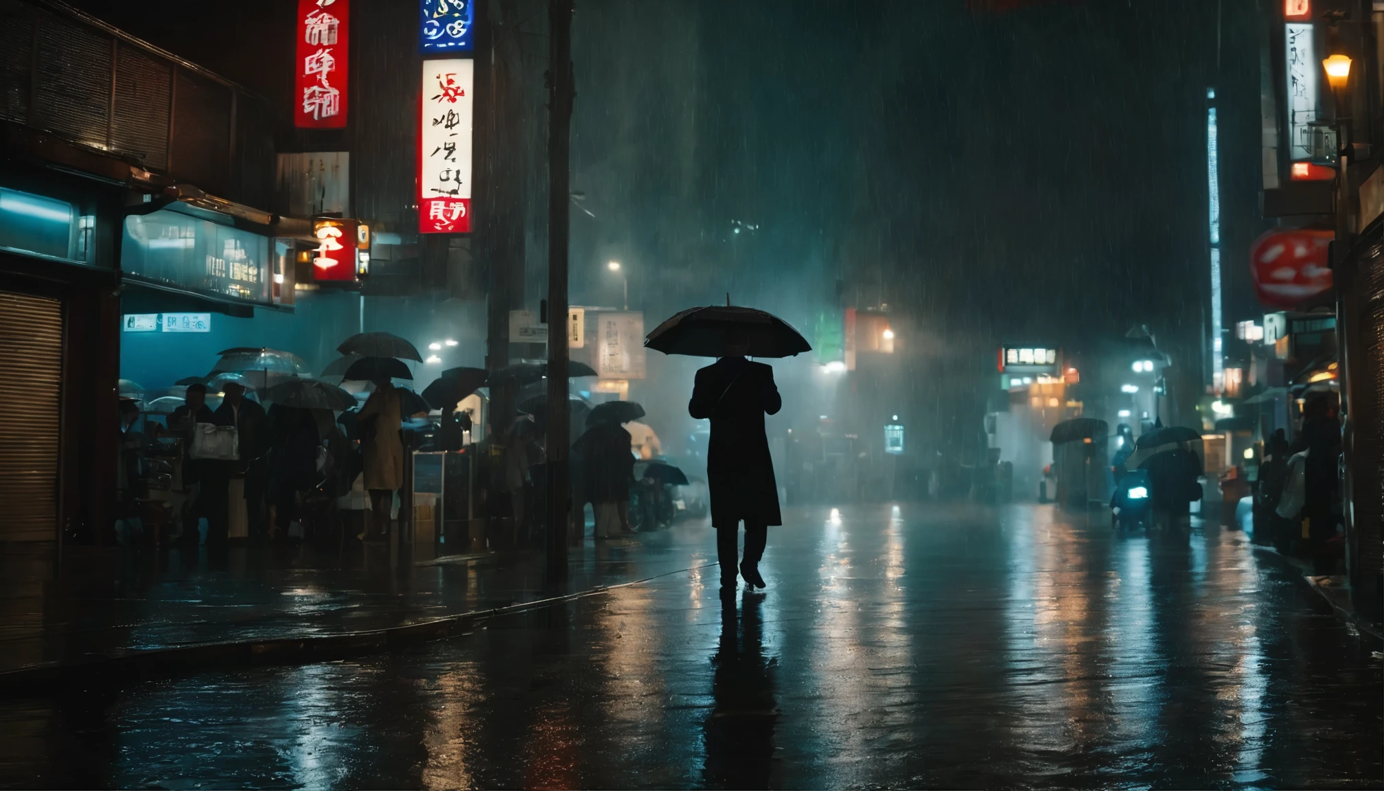 there is a man holding an umbrella on a rainy night, heavy rainning at tokyo night, rainy night, late night raining, old man in tokyo at night, in the streets of tokyo, like a scene from blade runner, raining award winning photo, rainy evening, cyberpunk streets in japan, raining at night, tokyo in a flood, rainy city at night