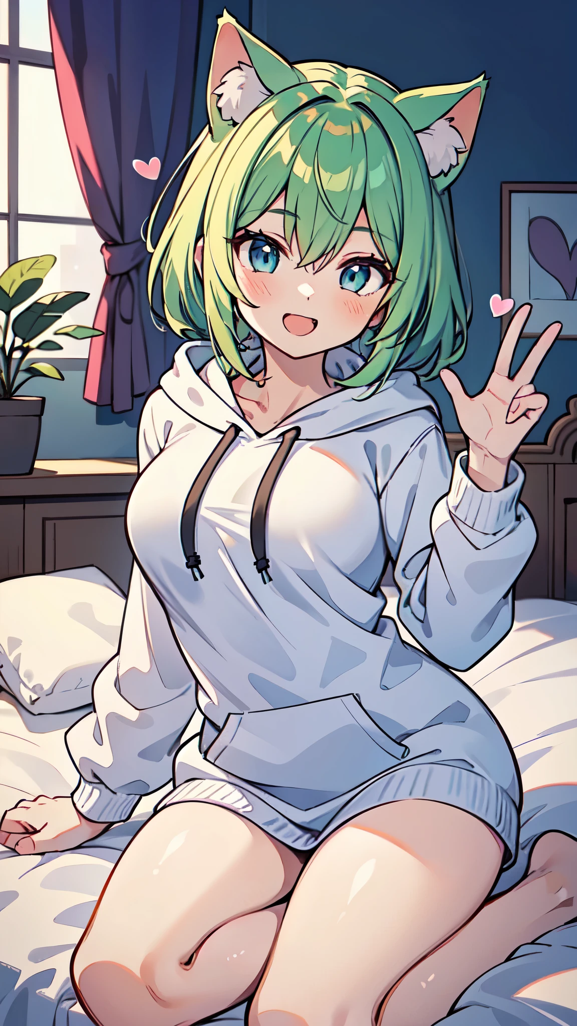 ((A Pretty girl with green hair and blue eyes lying on the bed)), ((wearing white hoodie)), ((cat ears)), ((heart sign)), Baby face, ((master piece, top-quality, ultra-definition, high resolution)), anime girl, ((ultra-detailed illust:1.2)), only one person, bangs, hair between eye, beautiful hair, Shiny eyes, Medium breasts, thighs, Big smile, opened mouth, in the bedroom