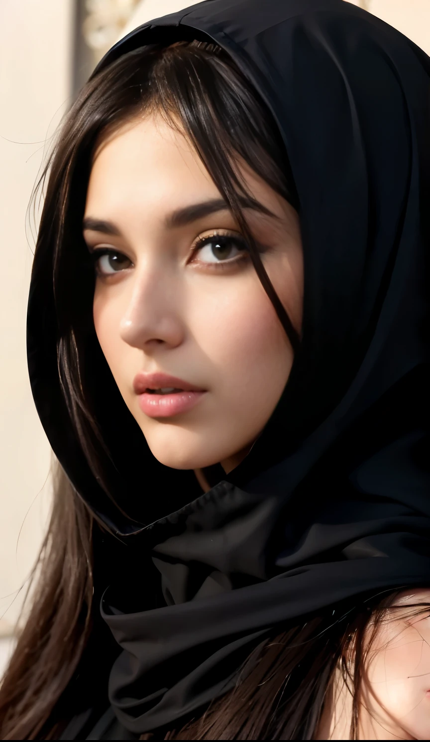 Portrait of a beautiful veiled western girl with long hair, with beautiful exotic, wrapped in a black scarf, with black, dressed with long fluent clothes, very attractive and beautiful, Excellent lighting, Bright colors, Clean lines, cinematic, illuminated, Arabic face makeup, beautiful jewelry
